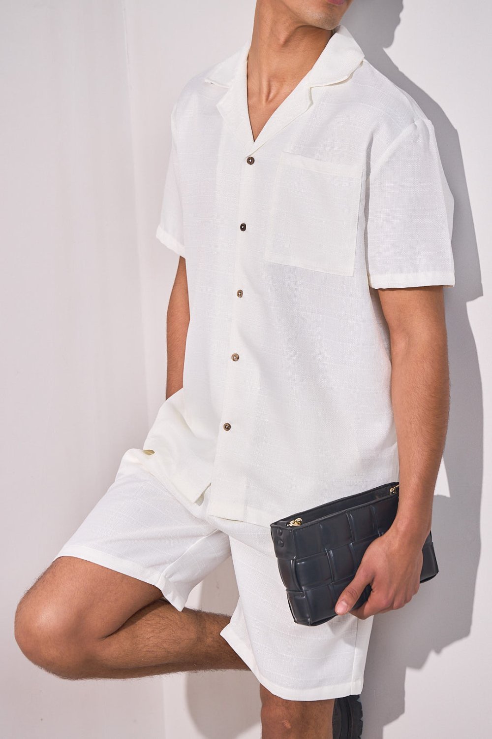 White linen-look shirt and shorts set