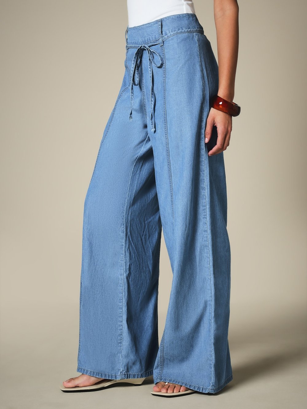 Mid blue high-waisted palazzo jeans with drawstring