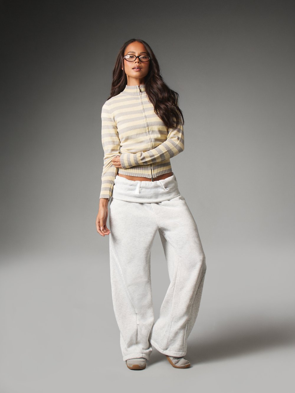 Striped high-neck zip cardigan