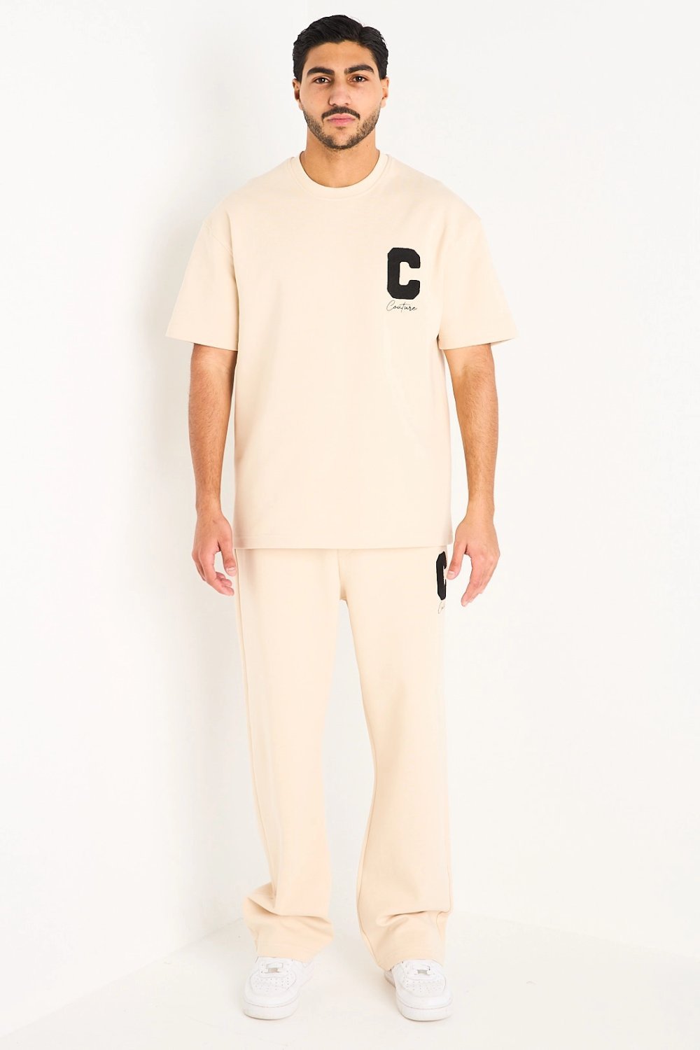 Beige embroidered t-shirt and trousers set