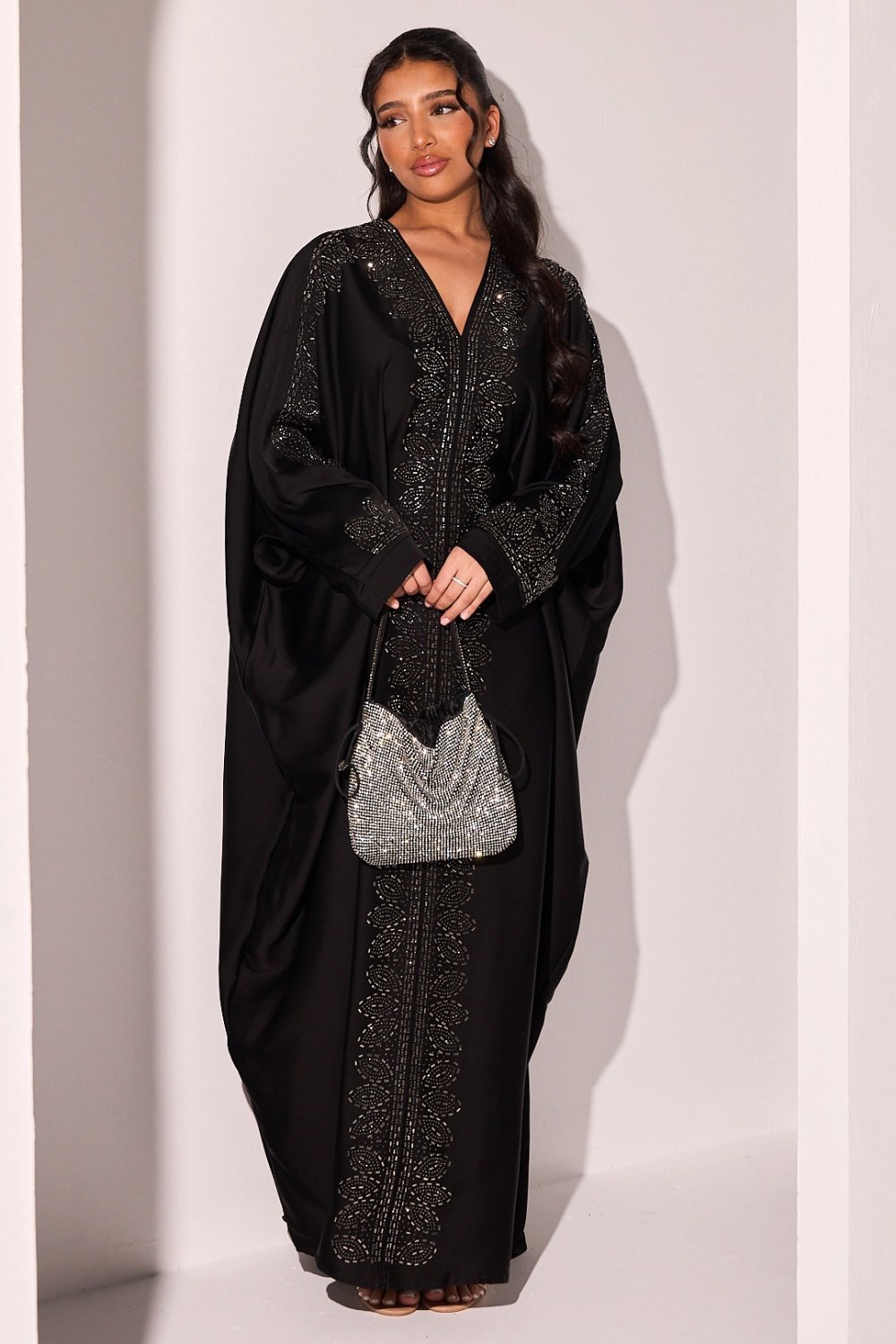 Black abaya with oval silver rhinestones