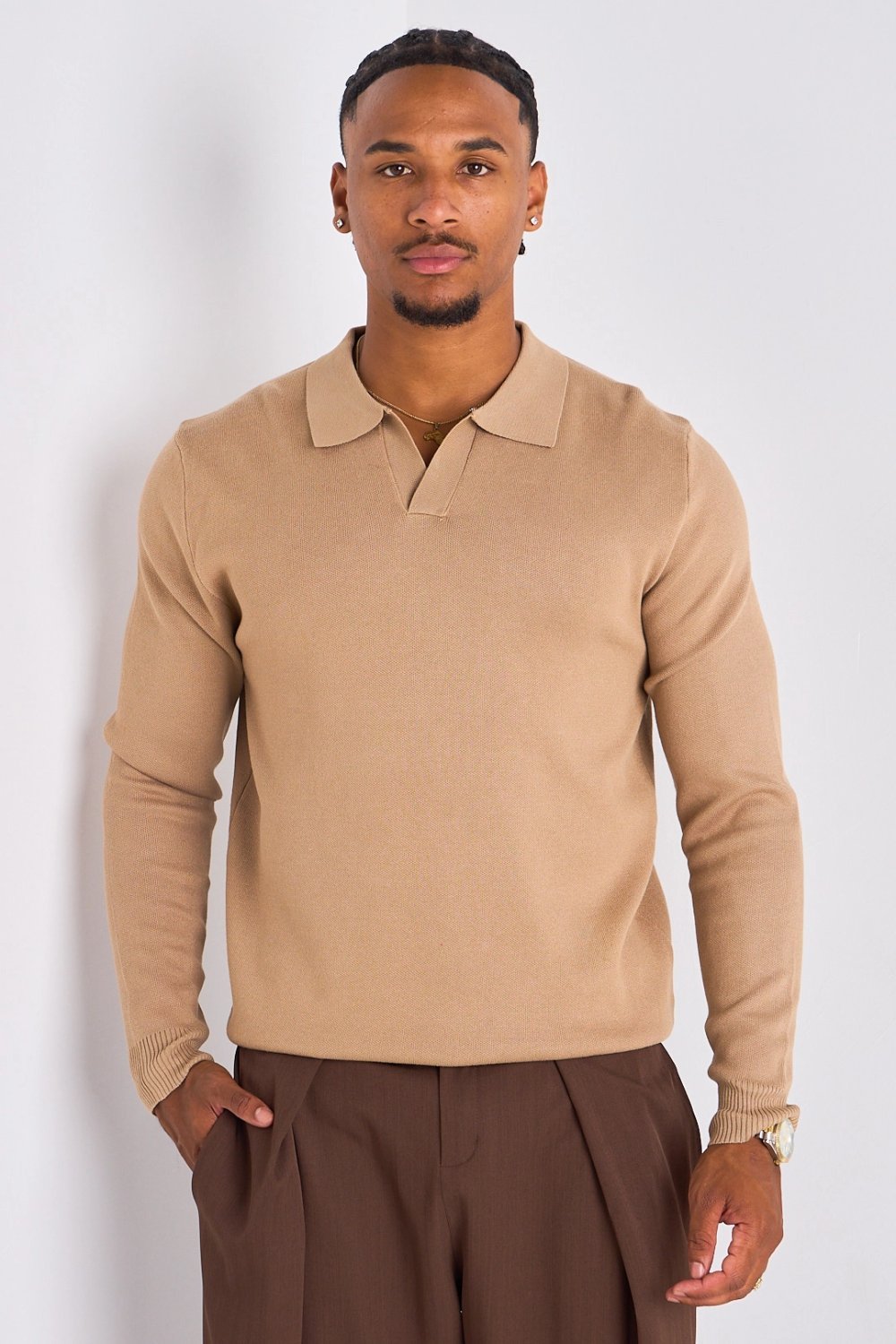Polo uni manches longues beige