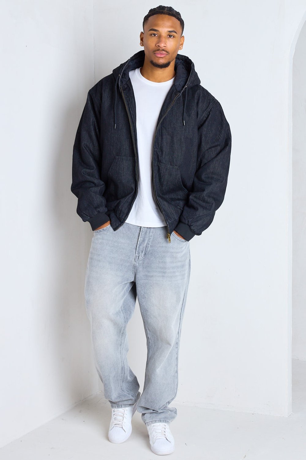 Black hooded padded-lined denim jacket
