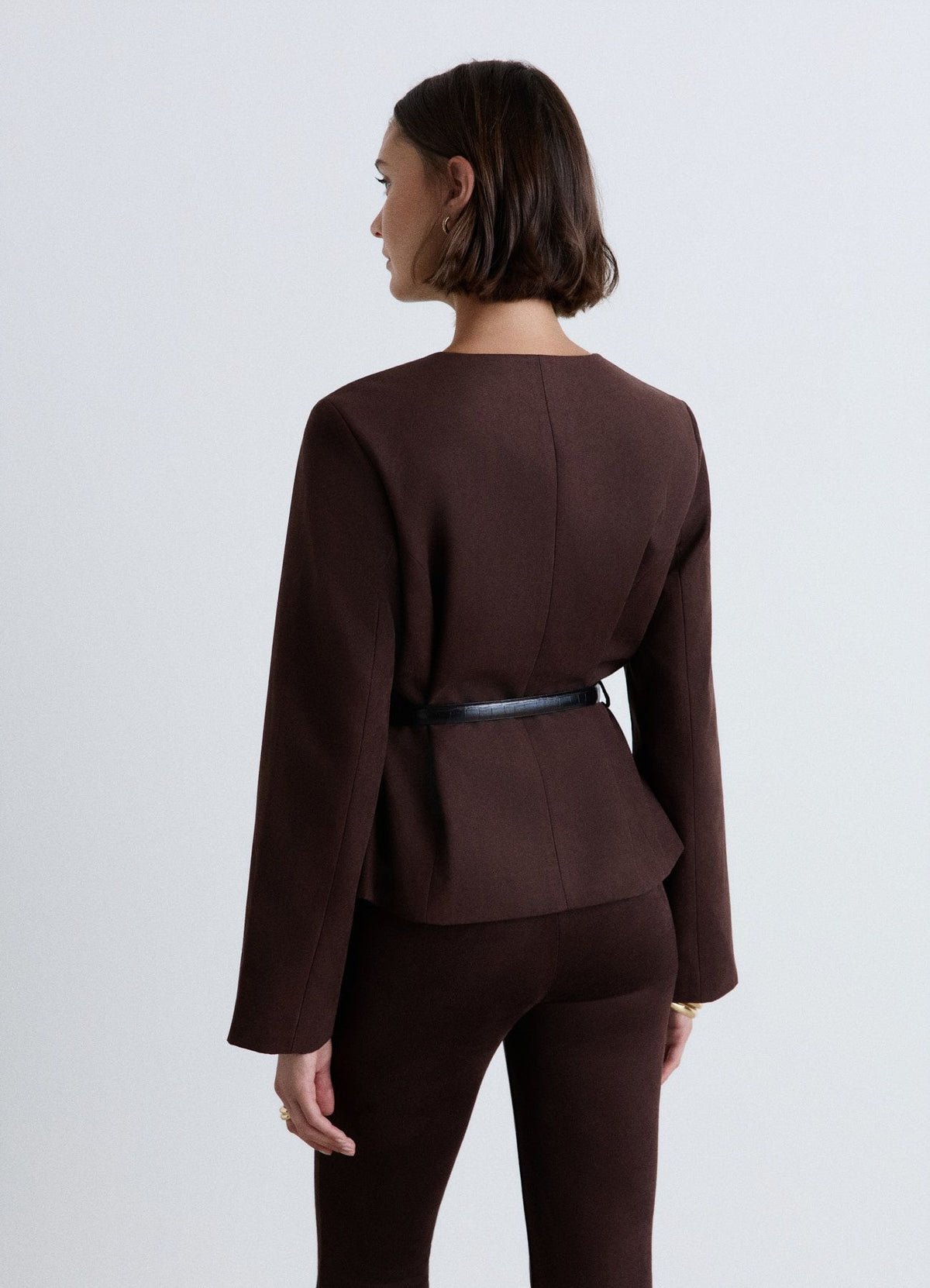 Belted collarless suede-effect jacket