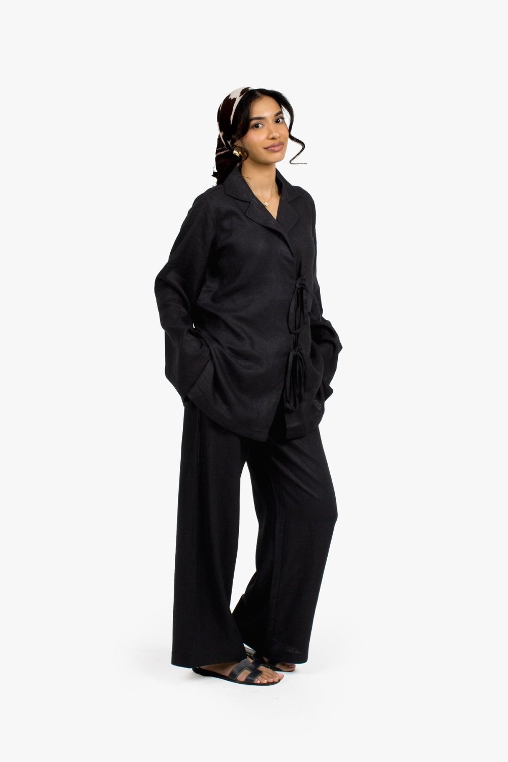 Notch-collar linen cotton top - Black