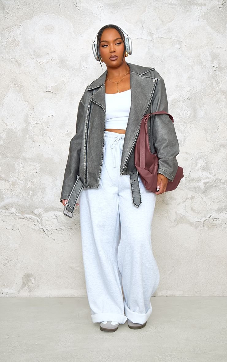 Plus Distressed PU Leather Longline Biker Jacket