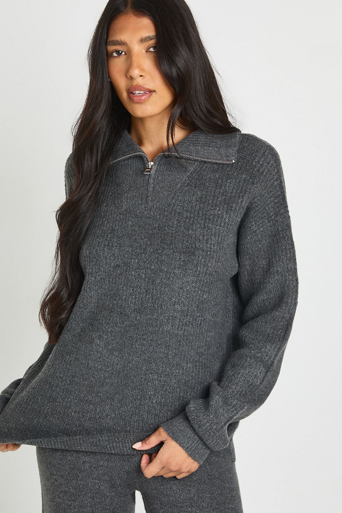 Ensemble Coordonné Grande Taille Synthétiquell Surdimensionné Col Zippé Et Pantalon En Maille Épaisse