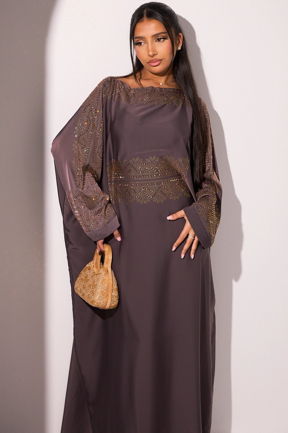 Satin abaya with gold panel and veil