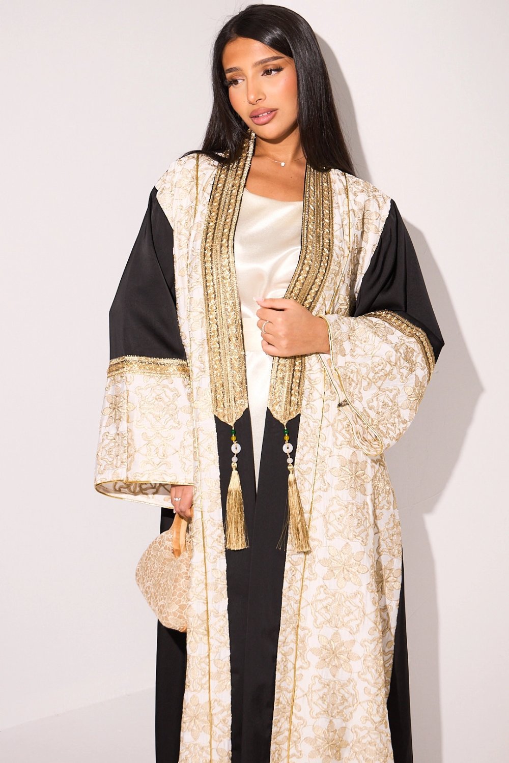 Satin abaya and black gold-trim kimono set