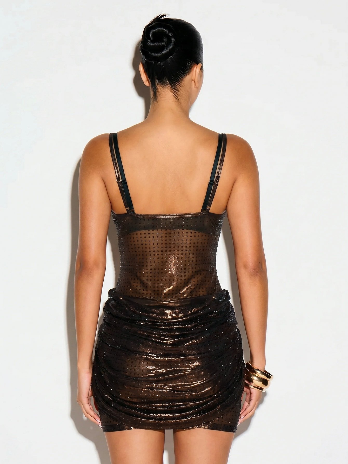 Ruched metallic knit bodycon mini dress