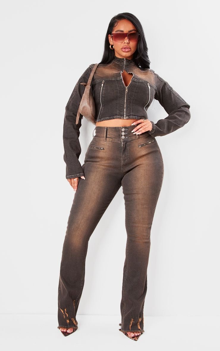 Shape Brown Washed Denim Cropped Fitted Jacket