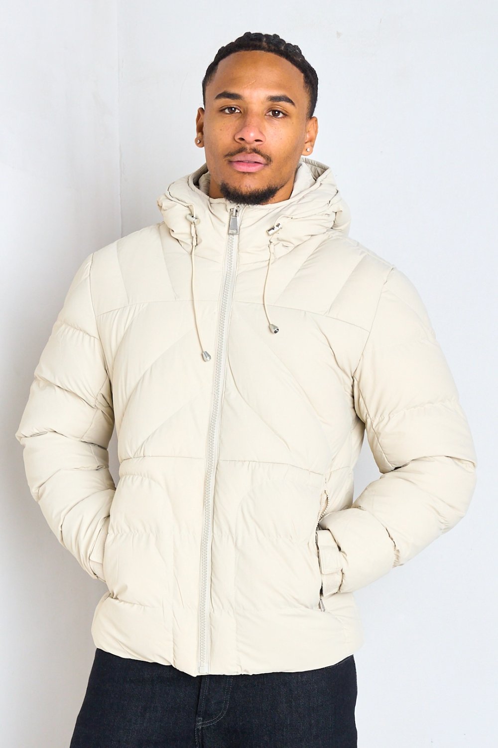 Beige quilted hooded puffer jacket