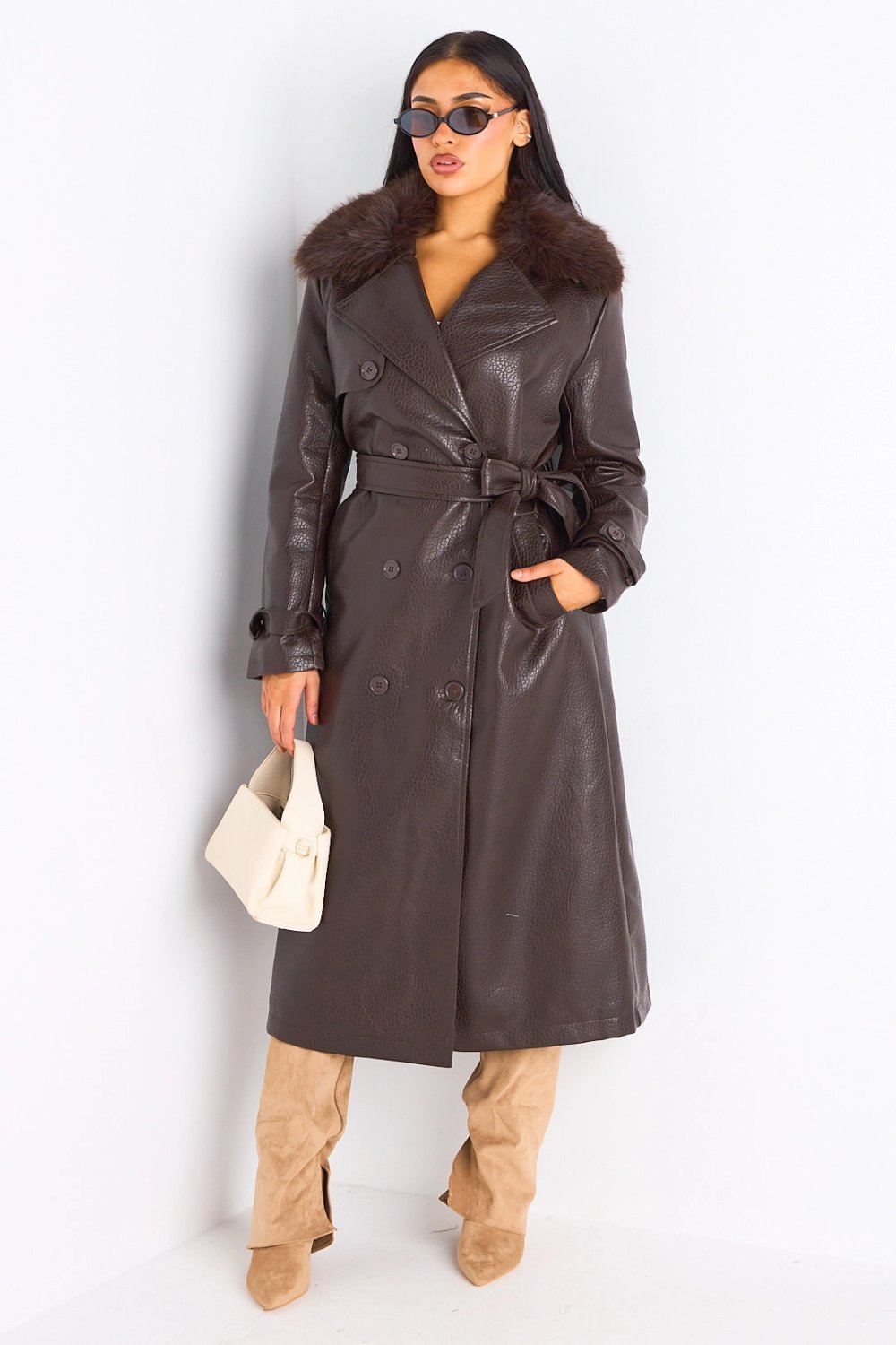 Brown long faux leather coat with fur collar