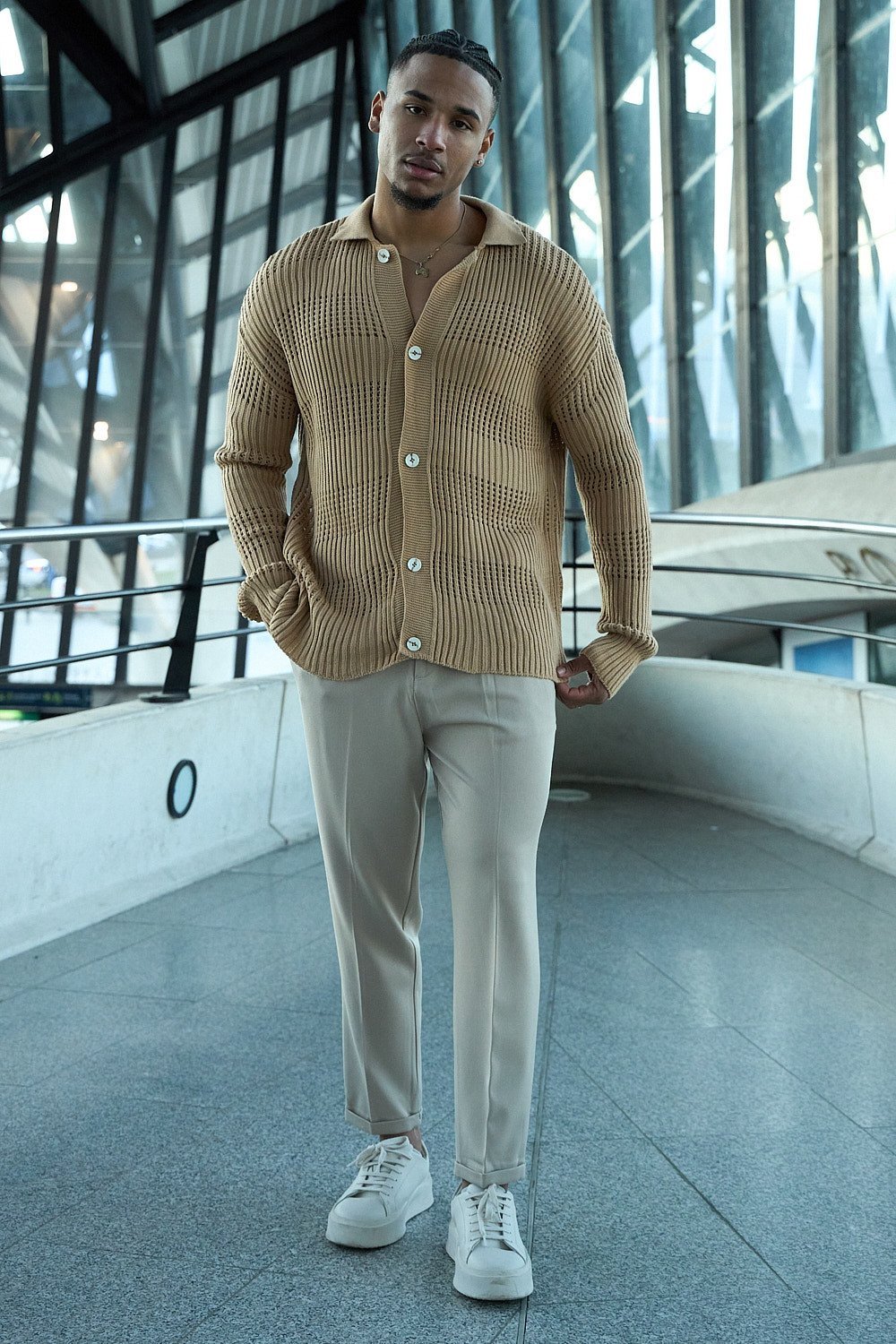 Gilet maille mkhrem b col revers camel