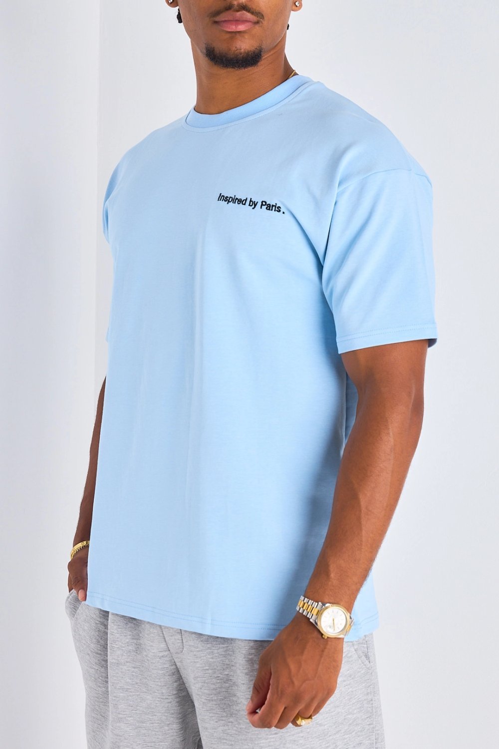 Light blue oversized “inspired by paris” print tee
