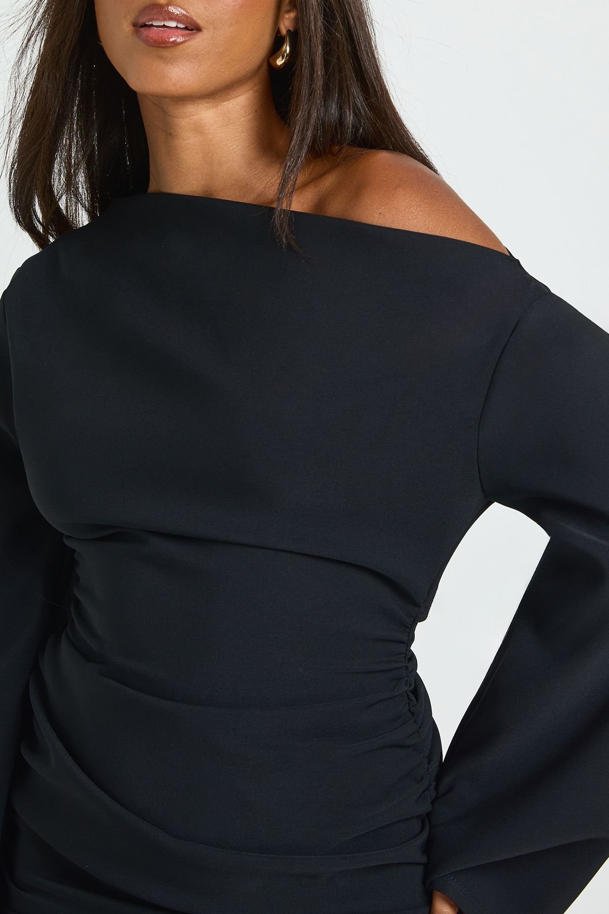 Flared Sleeve Off The Shoulder Ruched Mini Dress