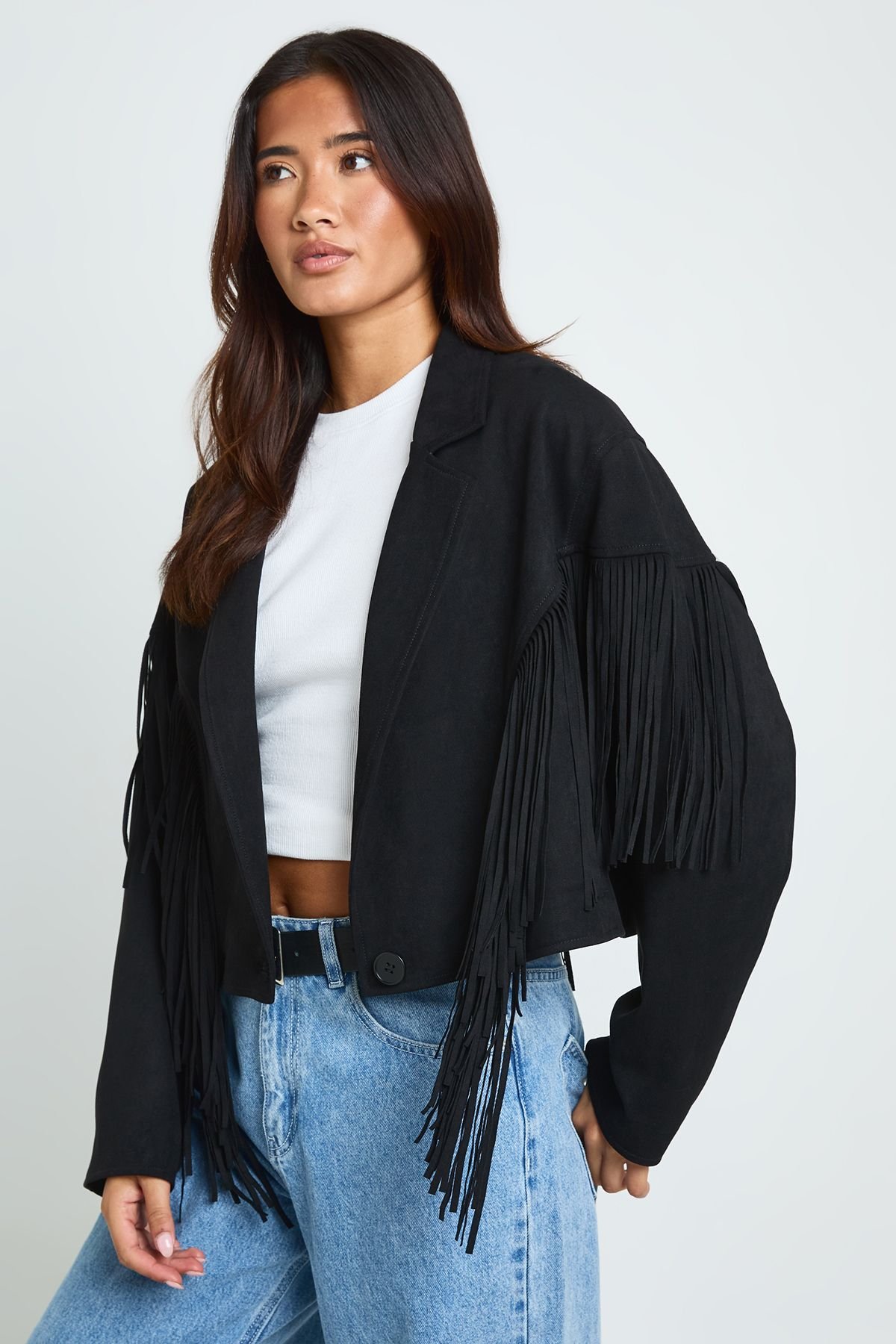 Veste en similicuir à détails franges