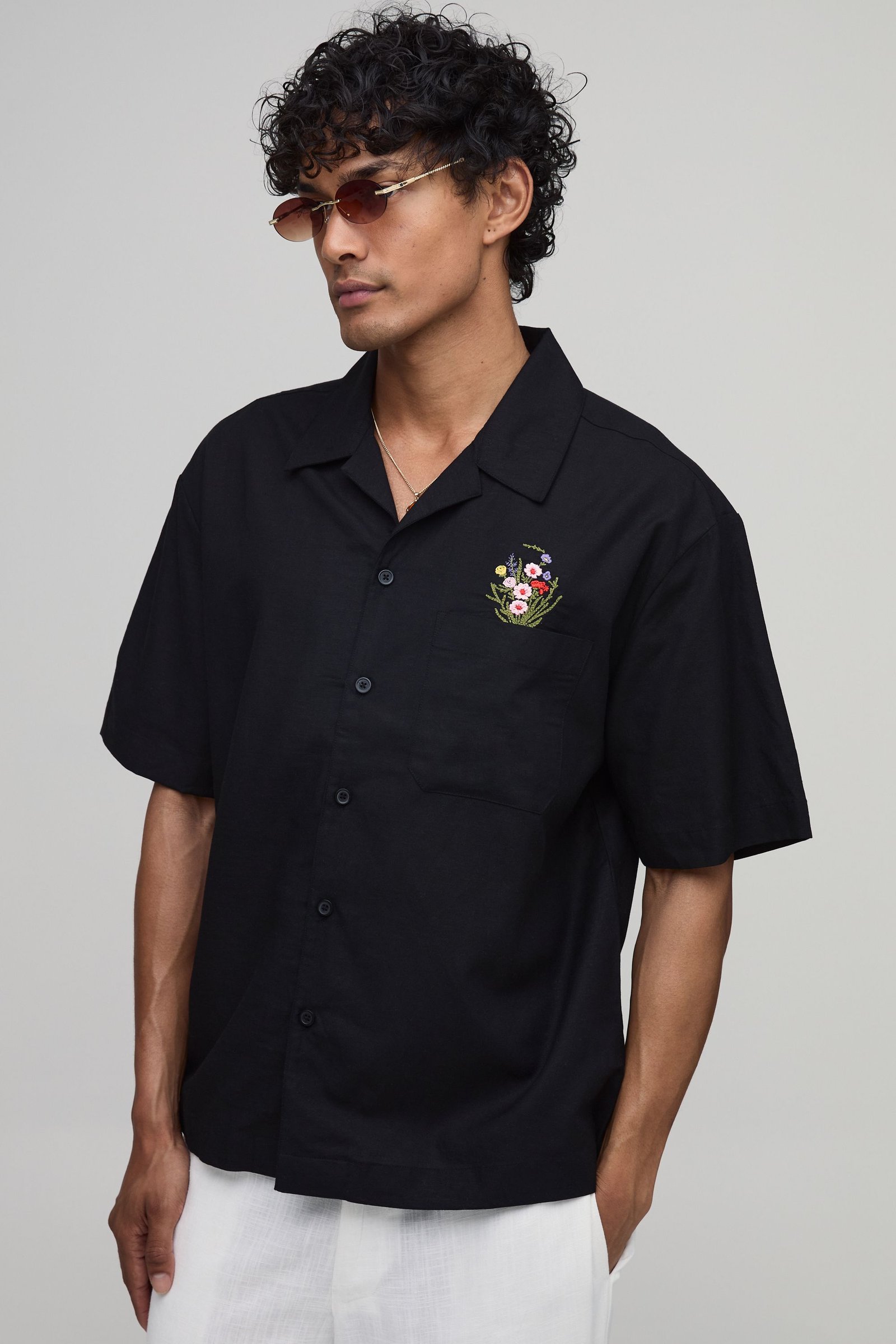 Chemise Oversize À Motif Floral Avec Poche En Mélange De Lin