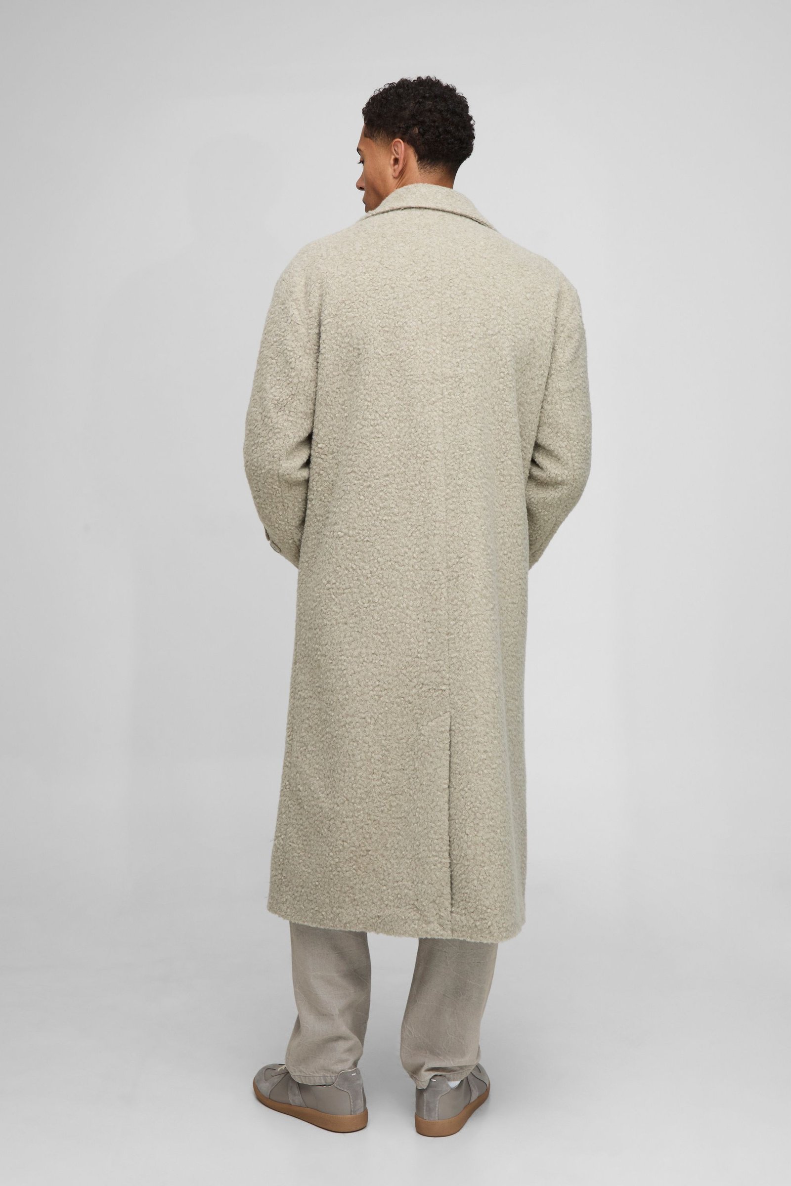 Oversized double-breasted longline boucle overcoat