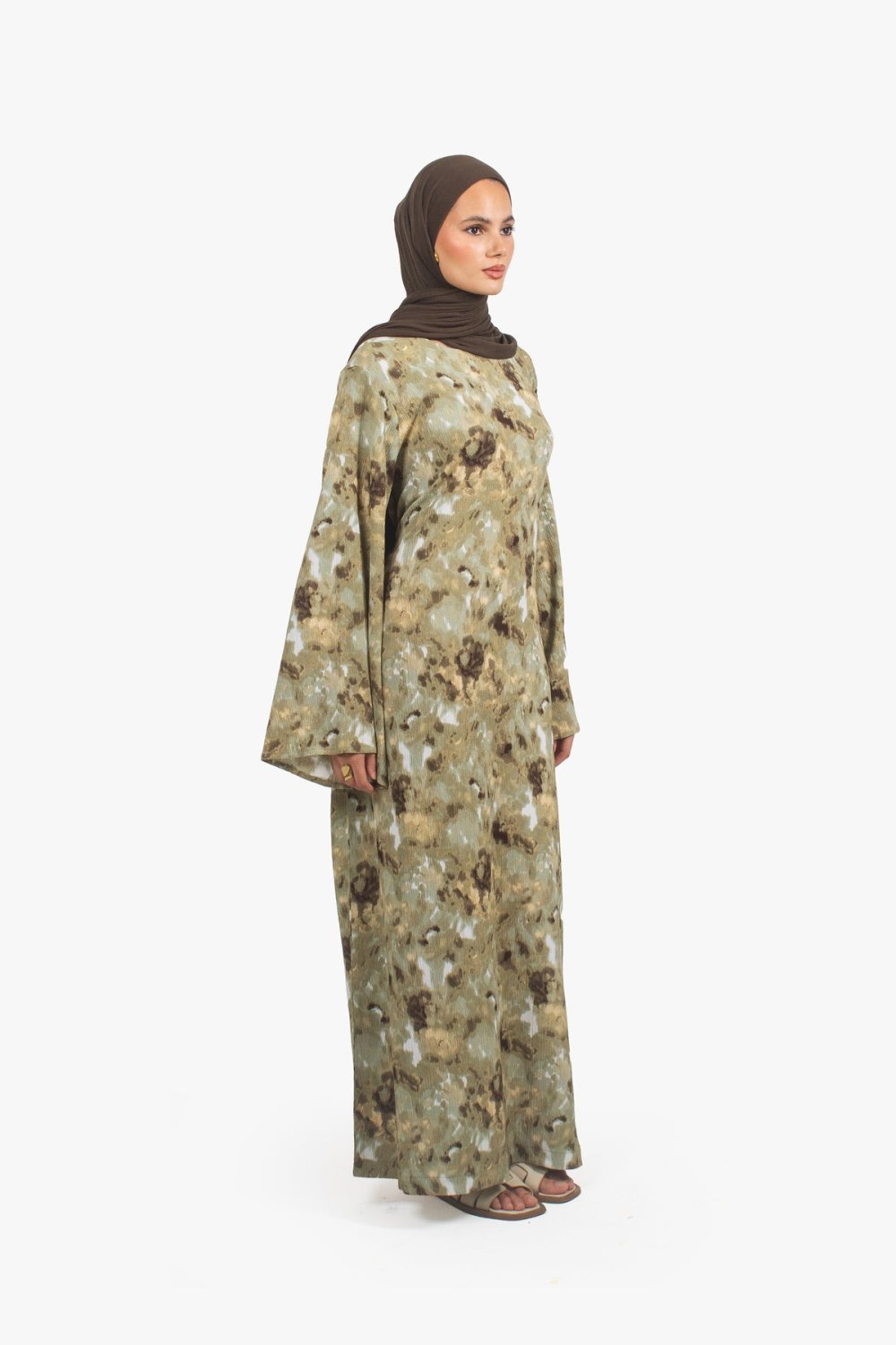 Wide-sleeve print abaya - Khaki