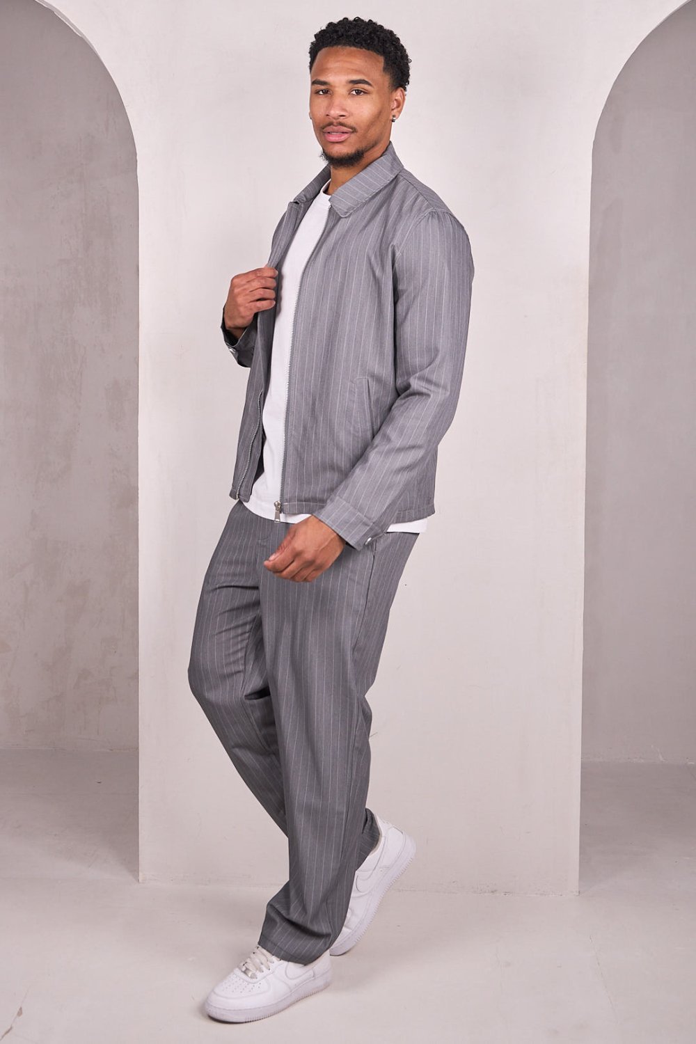 Grey striped zip jacket and trousers set