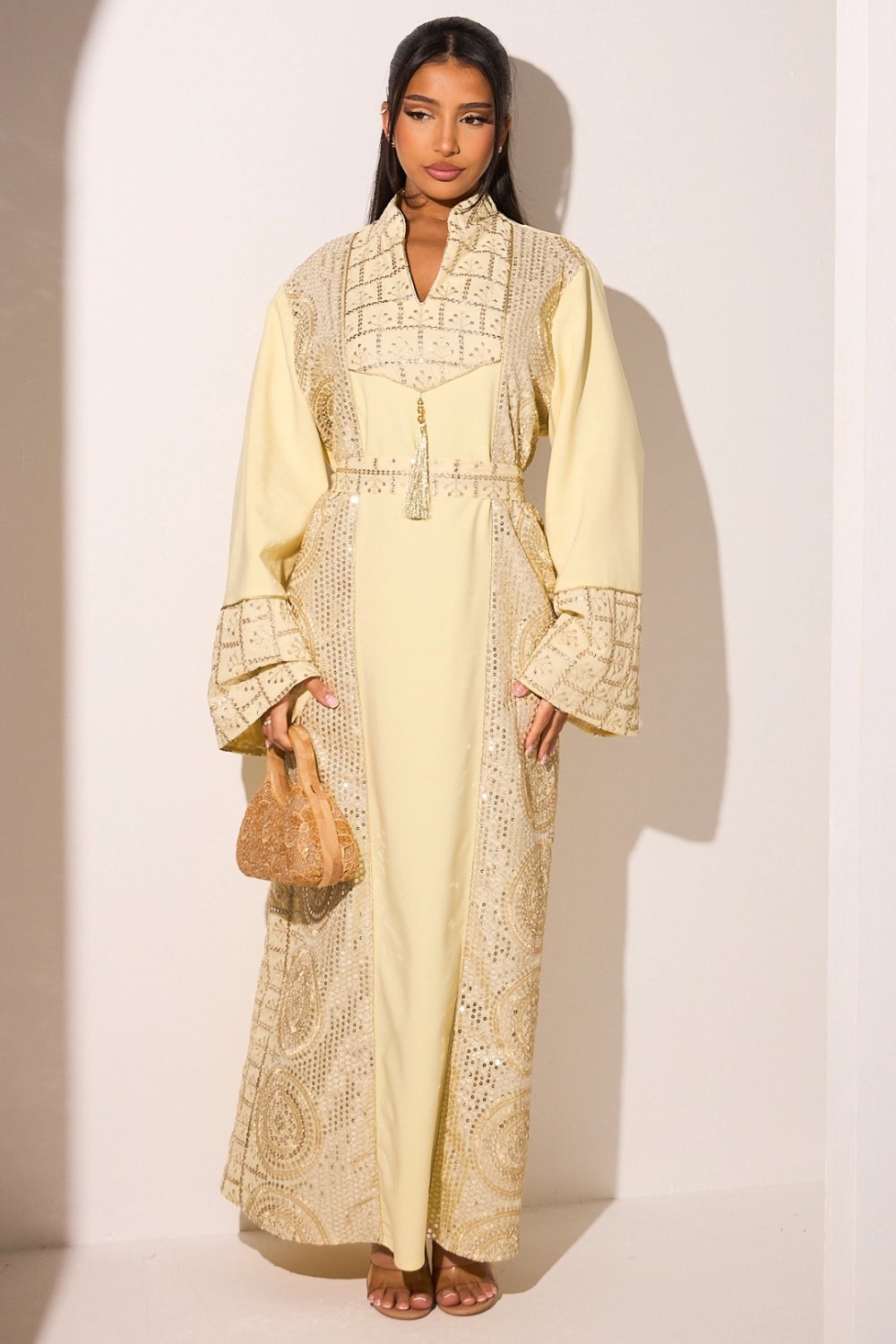 Abaya à sequins col V à pompon jaune