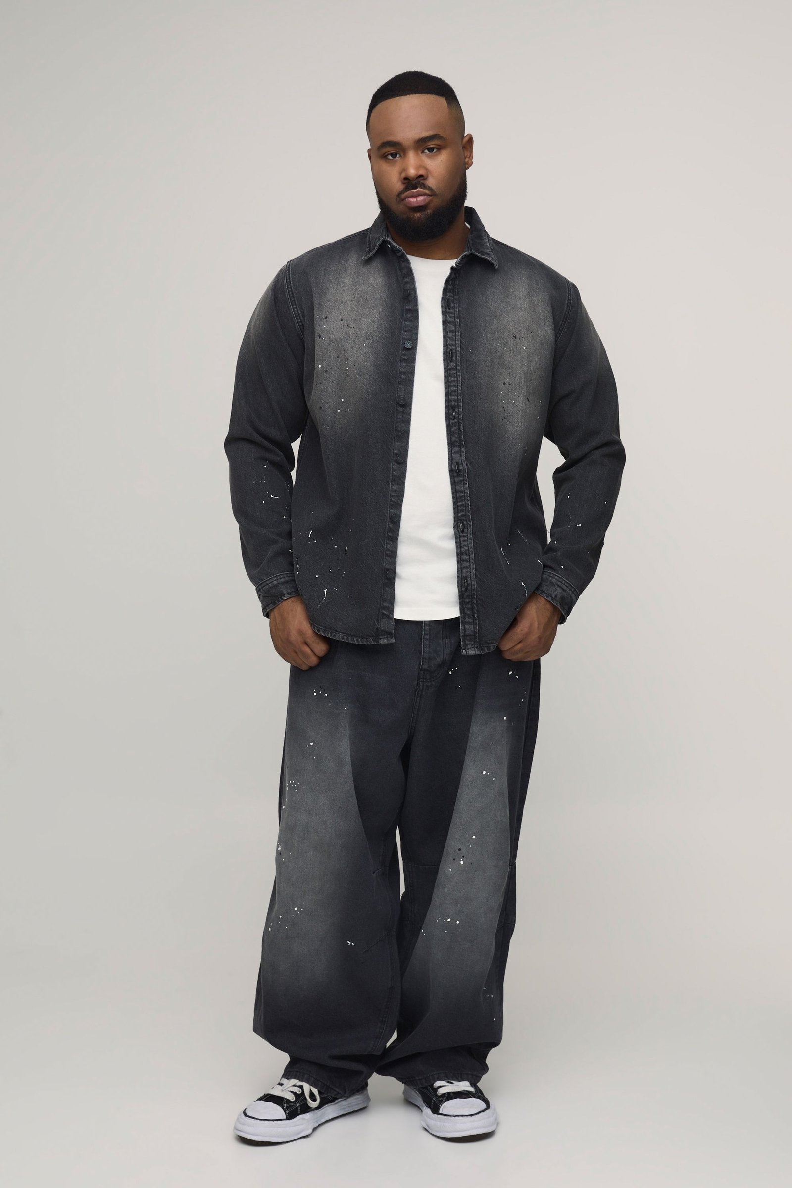 Chemise en Denim Délavé à Éclaboussures de Peinture Coupe Regular Plus