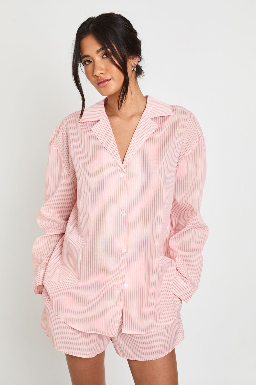 Pinstripe cotton shirt and shorts pyjama set