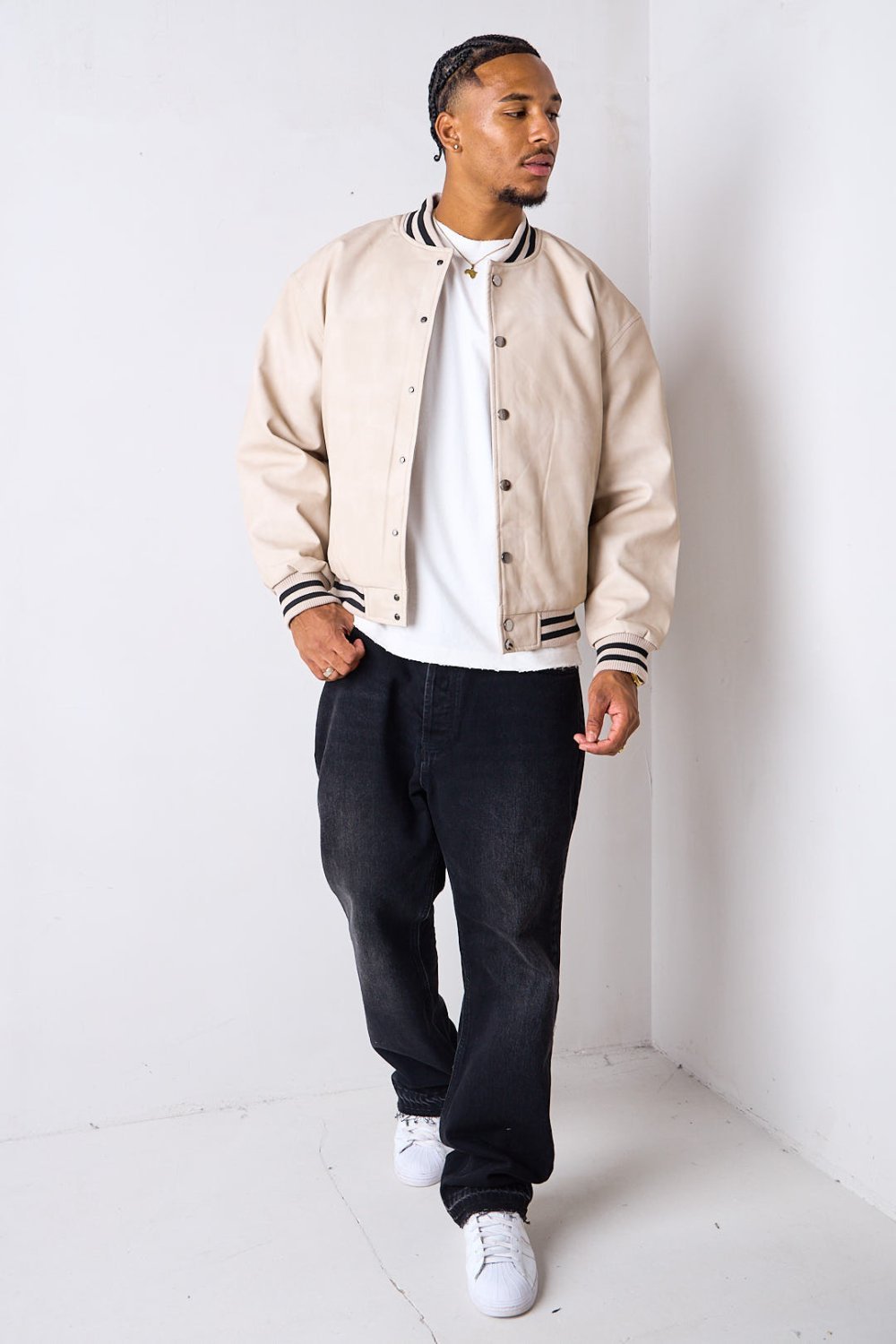 Beige faux leather bomber jacket