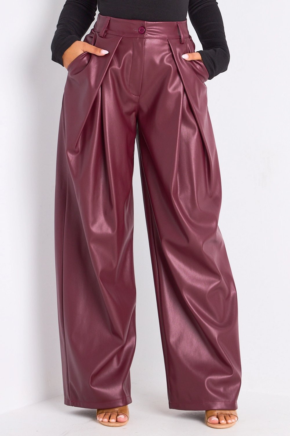 Burgundy faux leather straight trousers