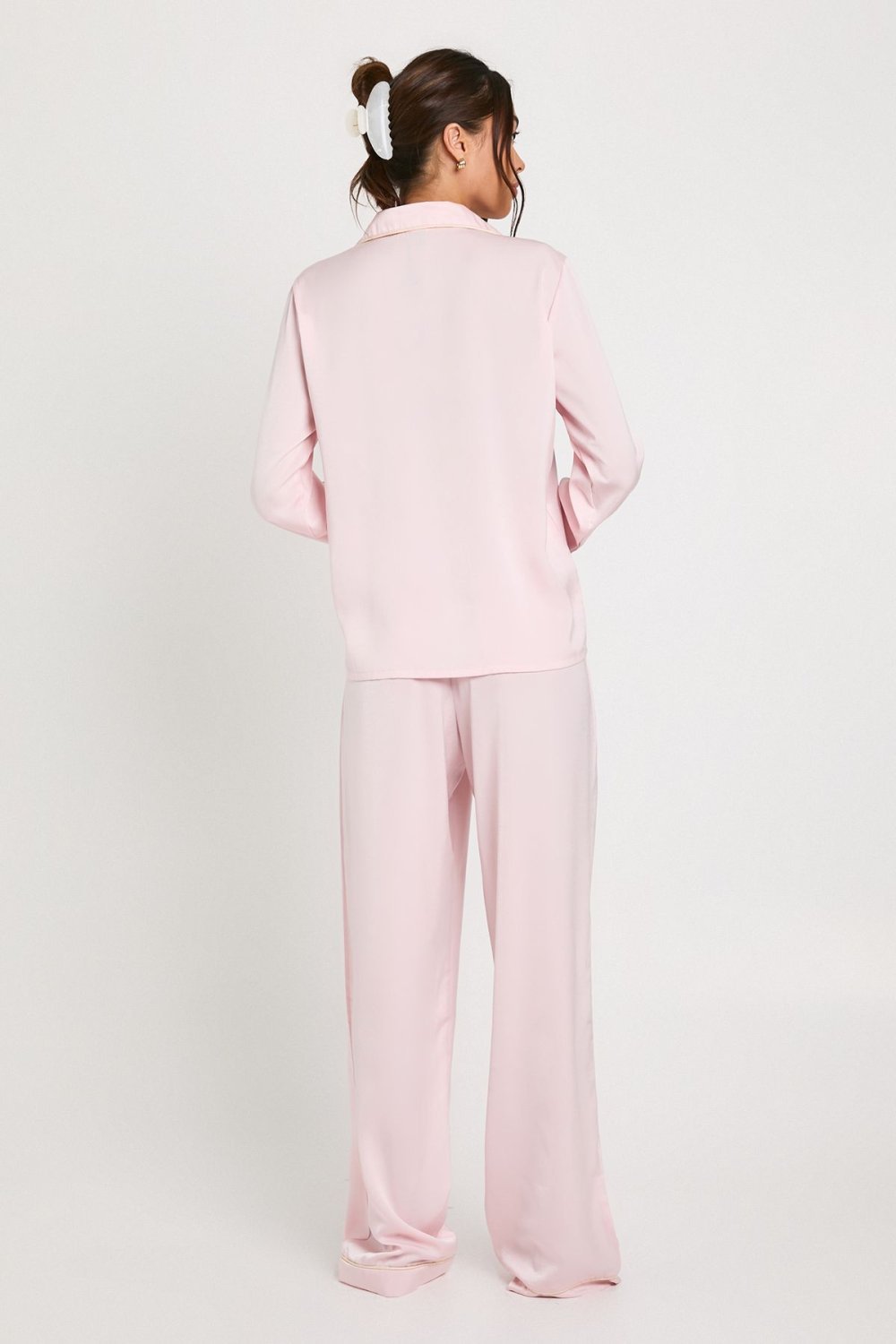 Light pink satin shirt and trouser pyjama set