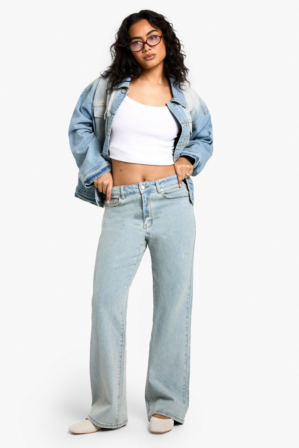 Pale blue high-waisted wide leg jeans