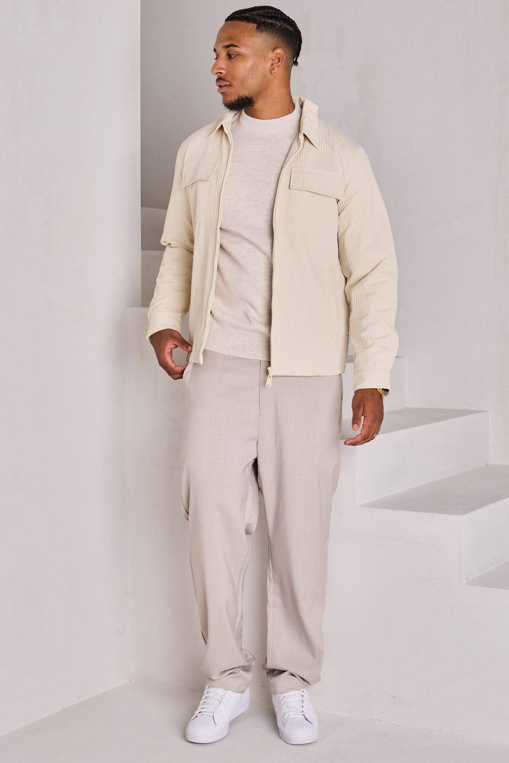 Veste côtelée beige b zip w col rabat