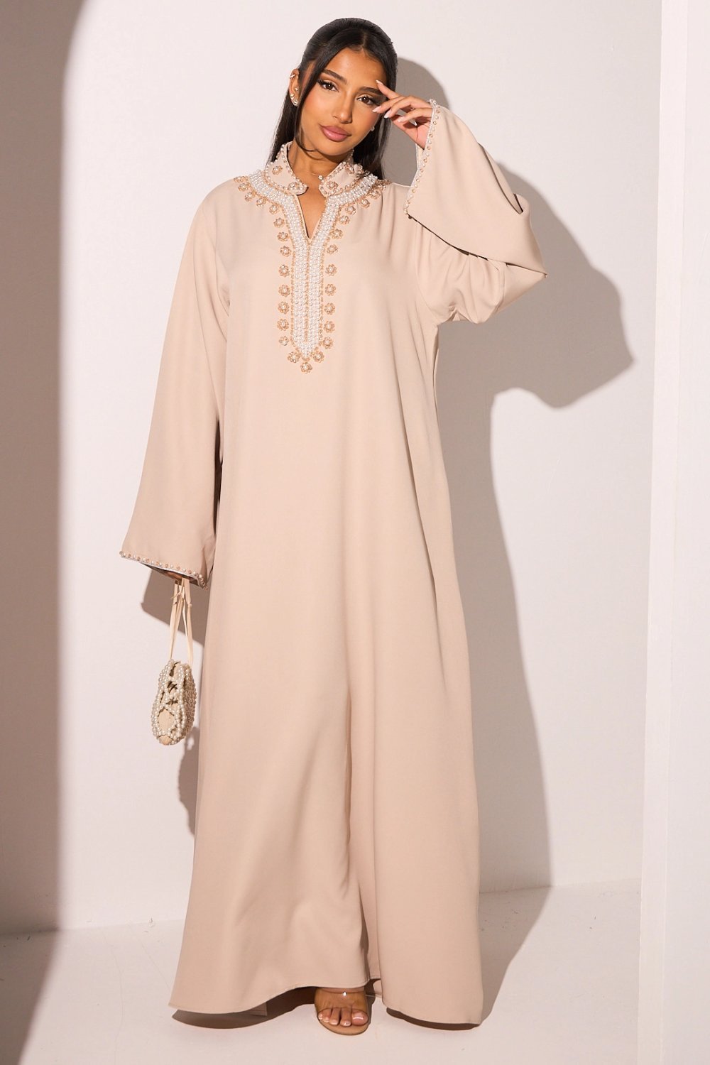 Taupe V-neck abaya with beaded flowers