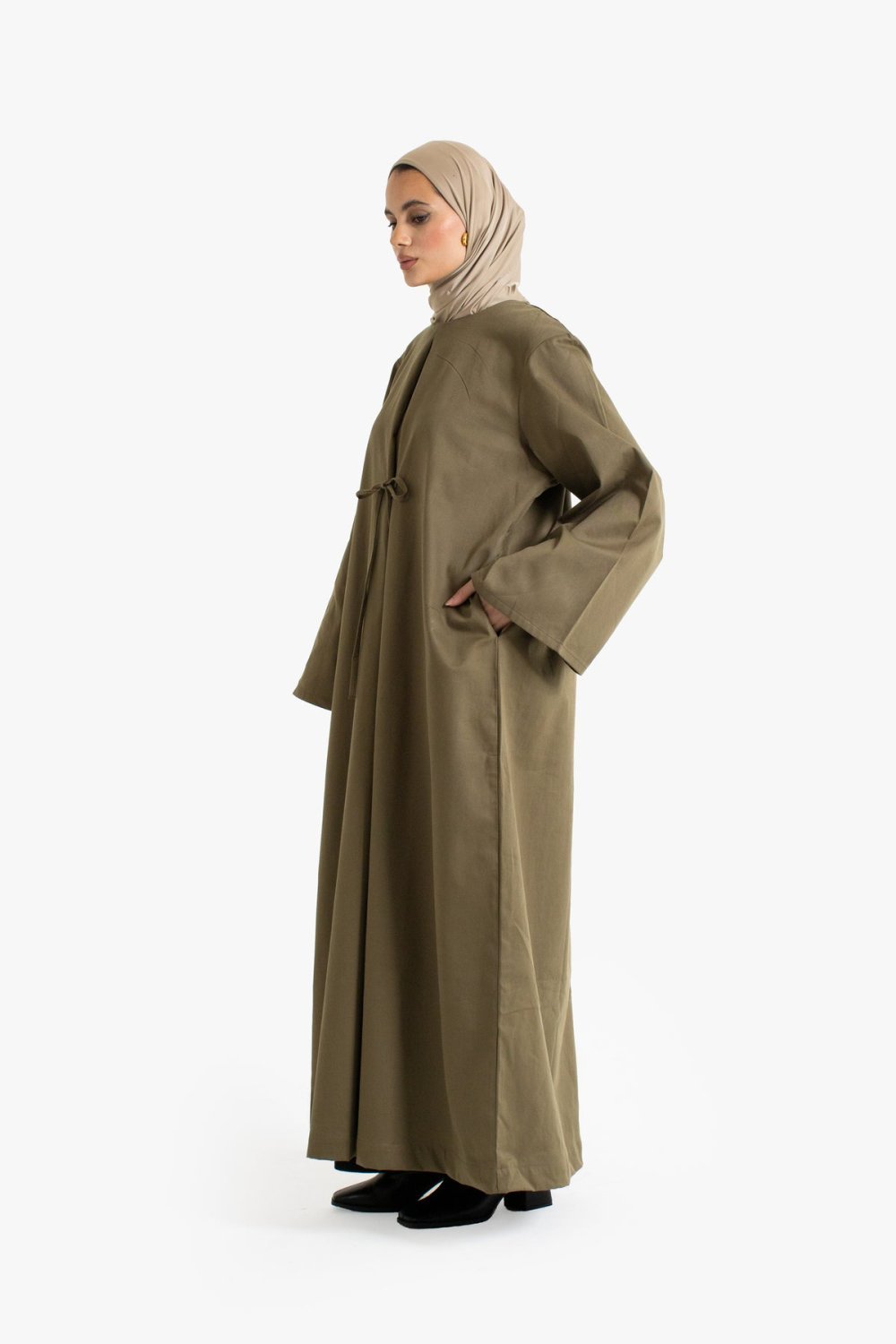 Tie-front cotton twill abaya - Khaki
