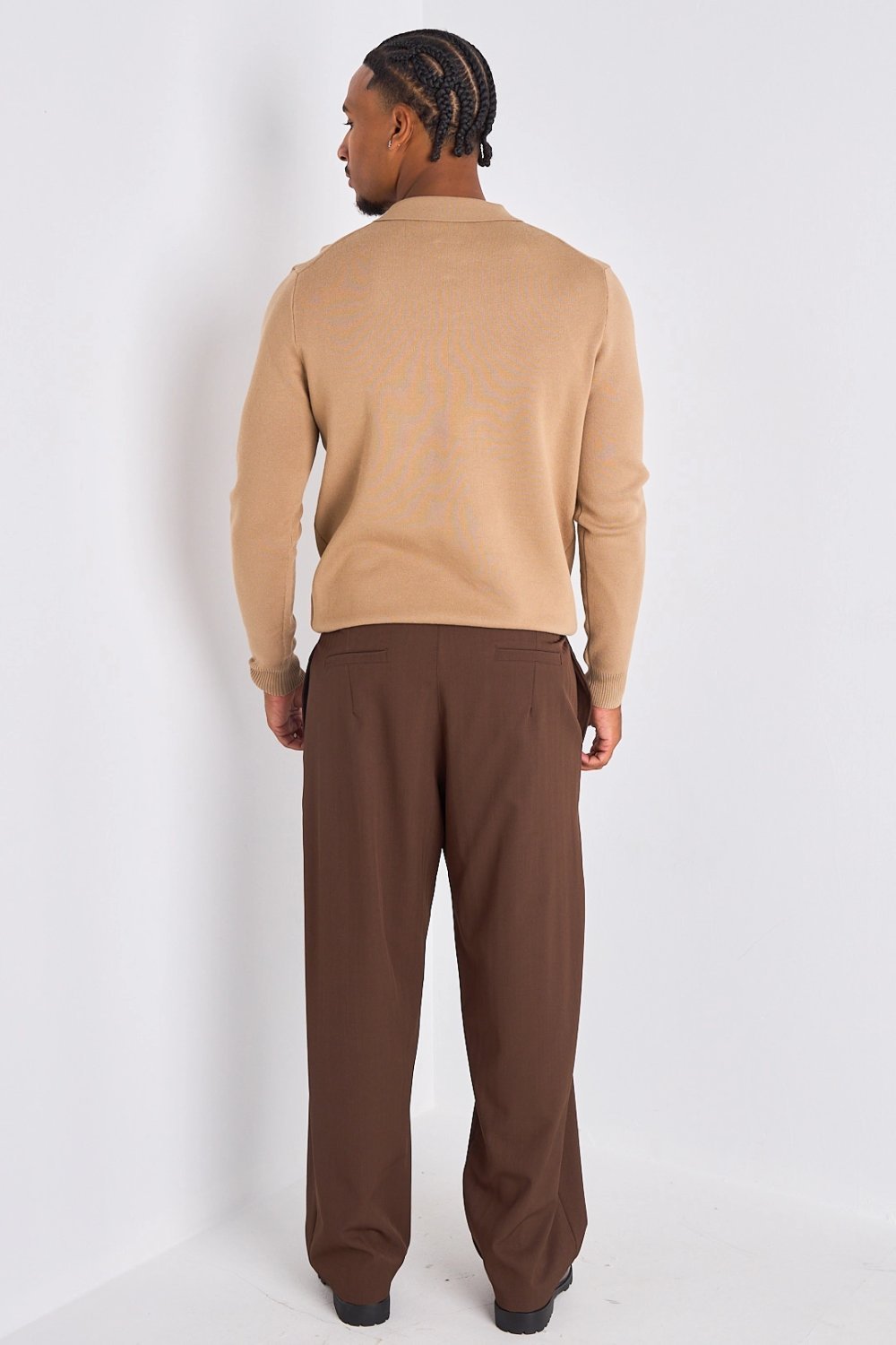 Beige plain long-sleeved polo shirt