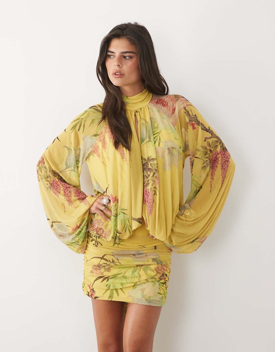 Robe courte en tulle imprimé floral à taille basse, blousante, à nouer au cou, vert chartreuse