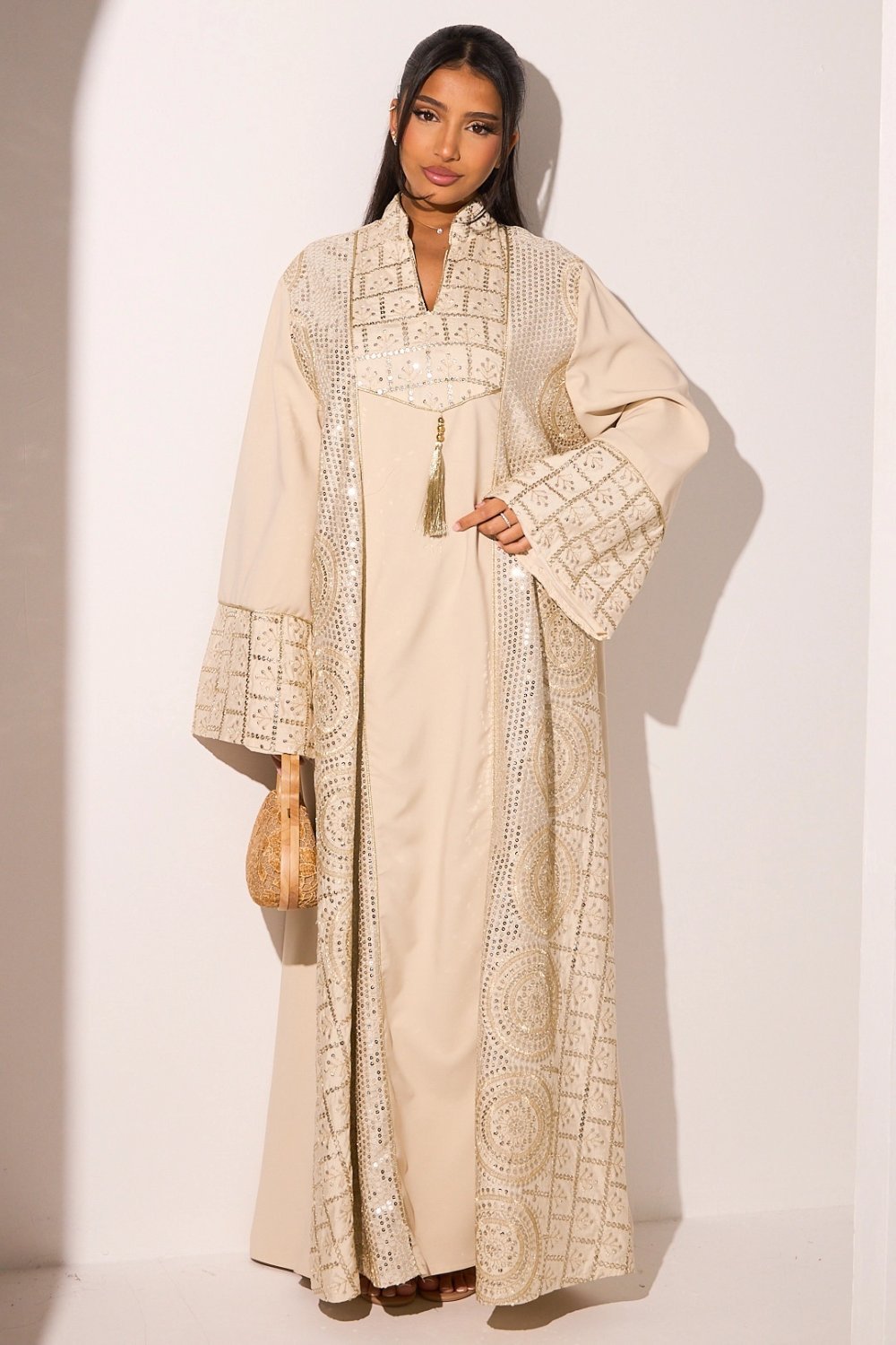 Beige abaya with gold sequins, V-neck and tassel