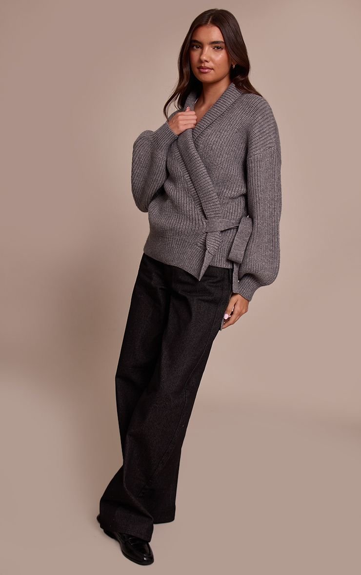 Grey chunky rib wrap cardigan