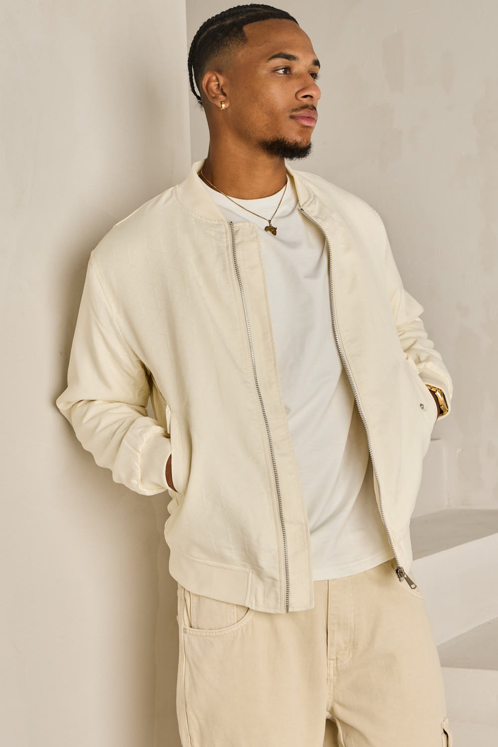 Bomber zippé à motif géométrique blanc