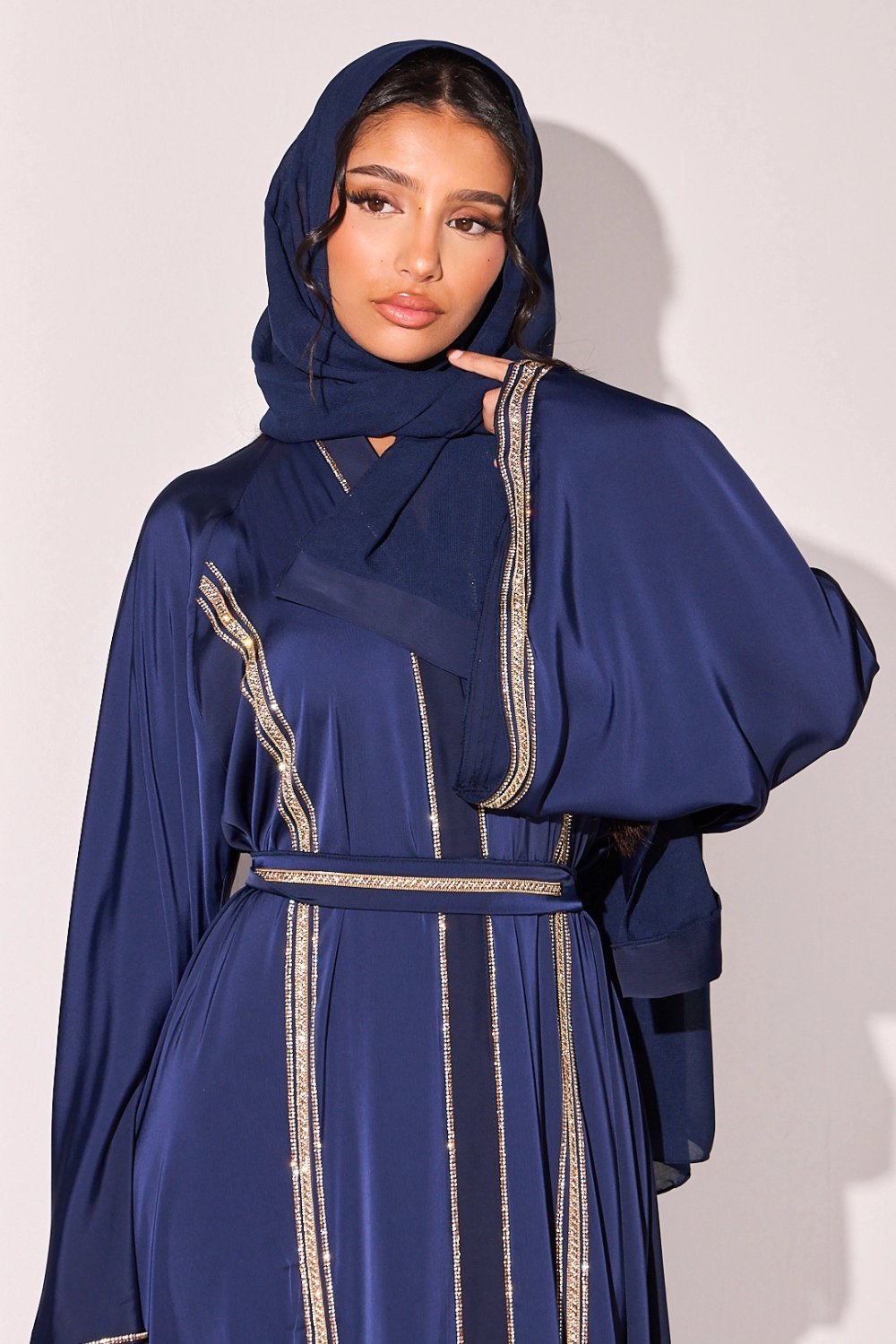 Dark blue abaya with two-tone rhinestone bands