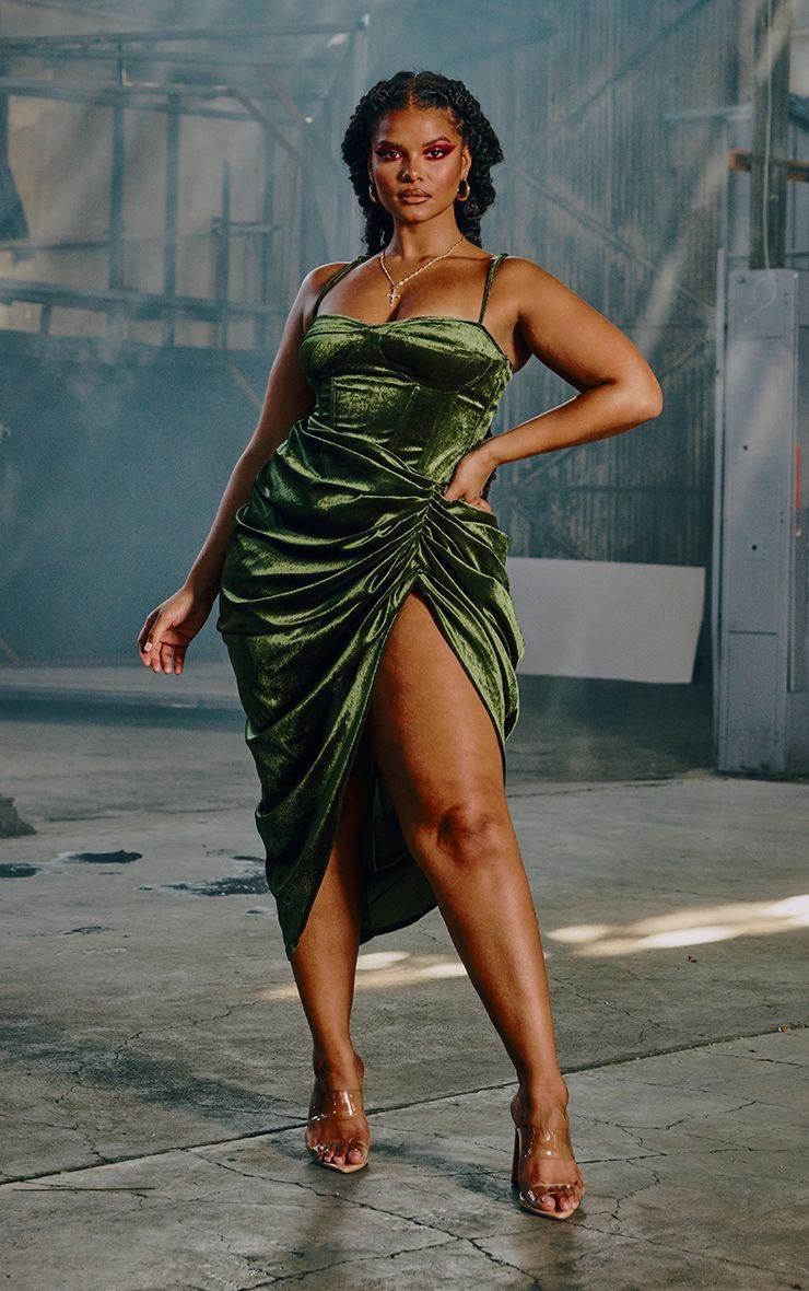 Khaki velvet midi skirt - Plus size