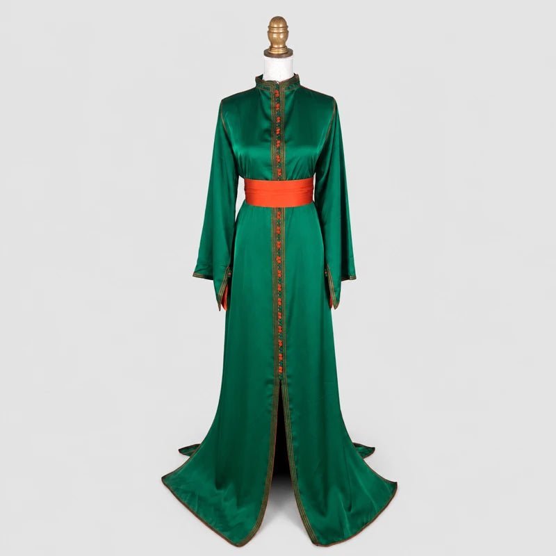 Caftan drap de soie vert doublé orange