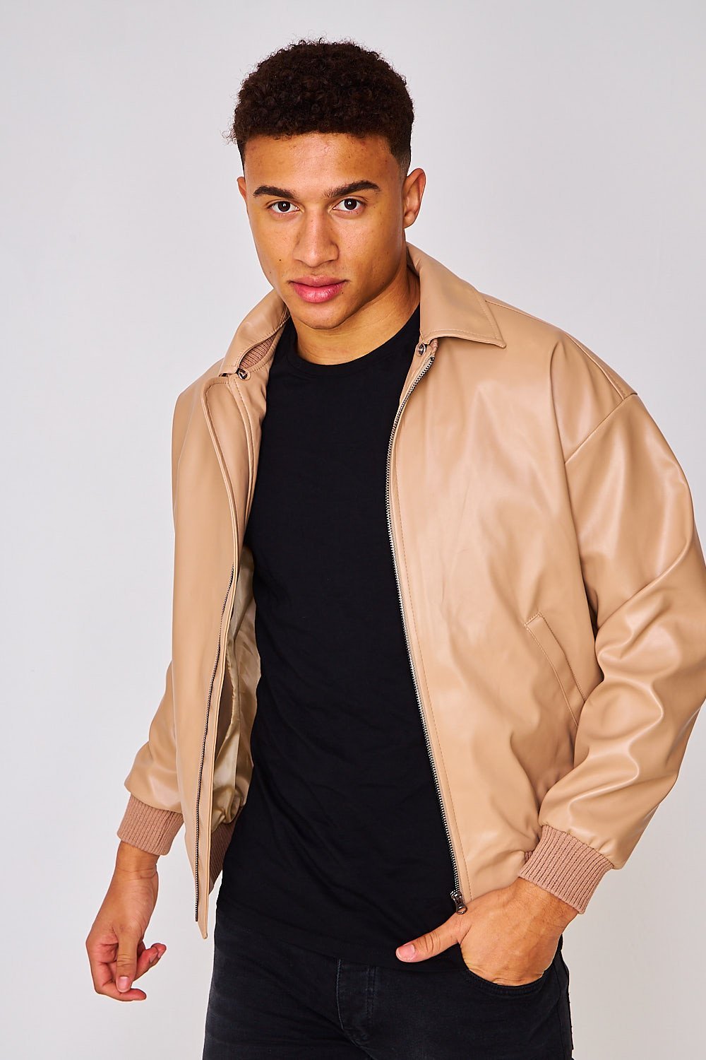 Dark beige faux leather zip bomber