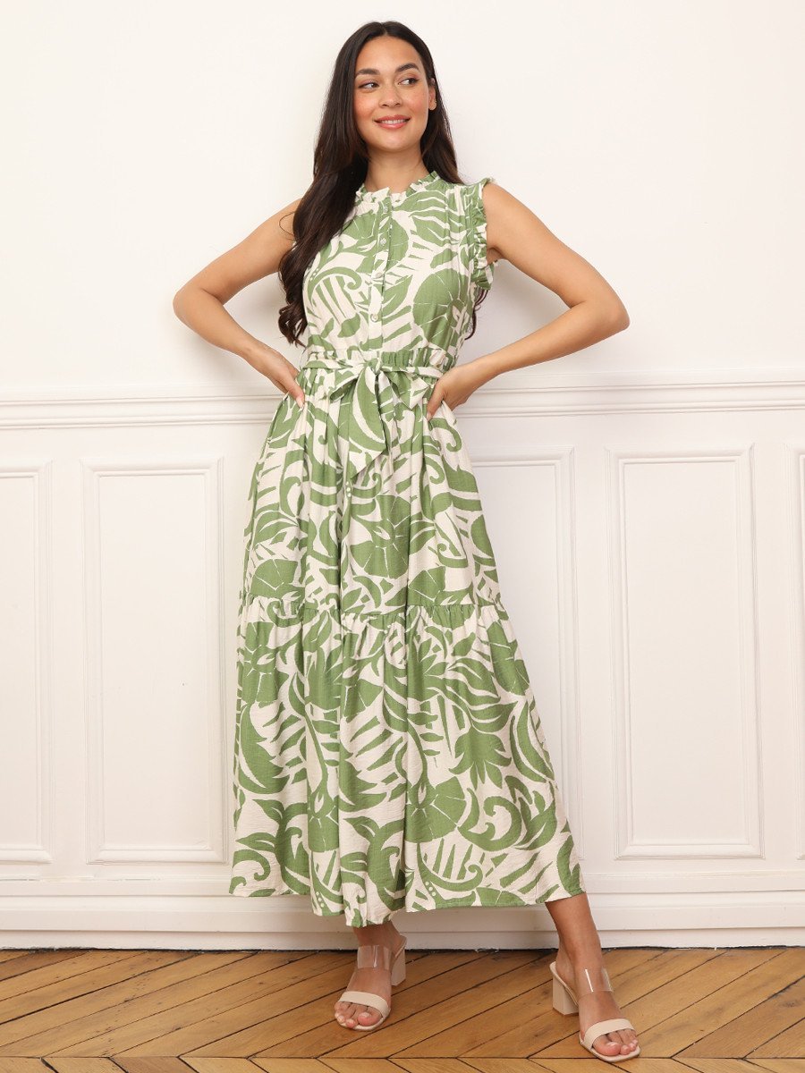 Light green printed maxi dress with ruffles and belt