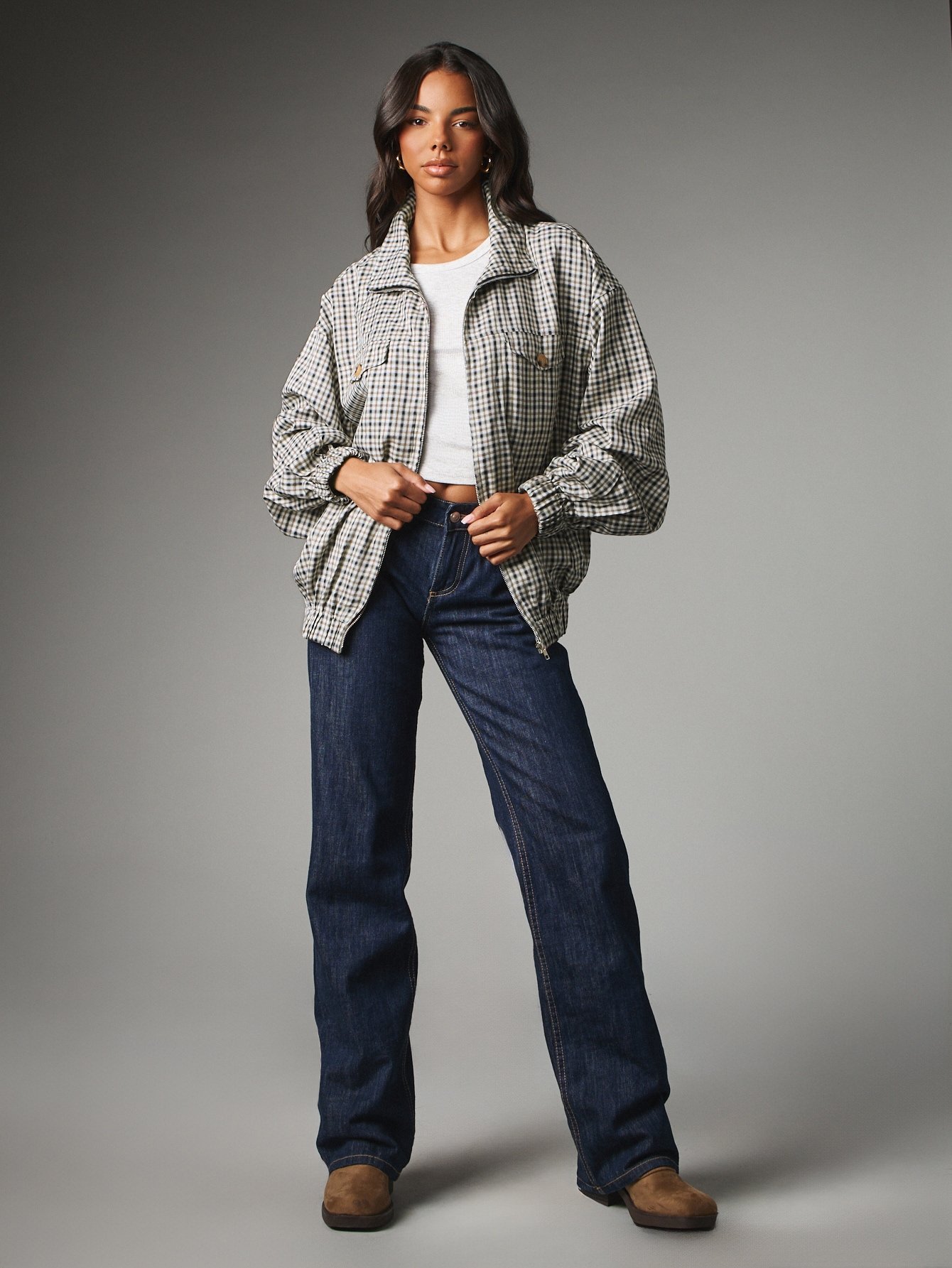 Blouson Bomber À Carreaux Avec Fermeture Éclair Et Ourlet Élastiqué
