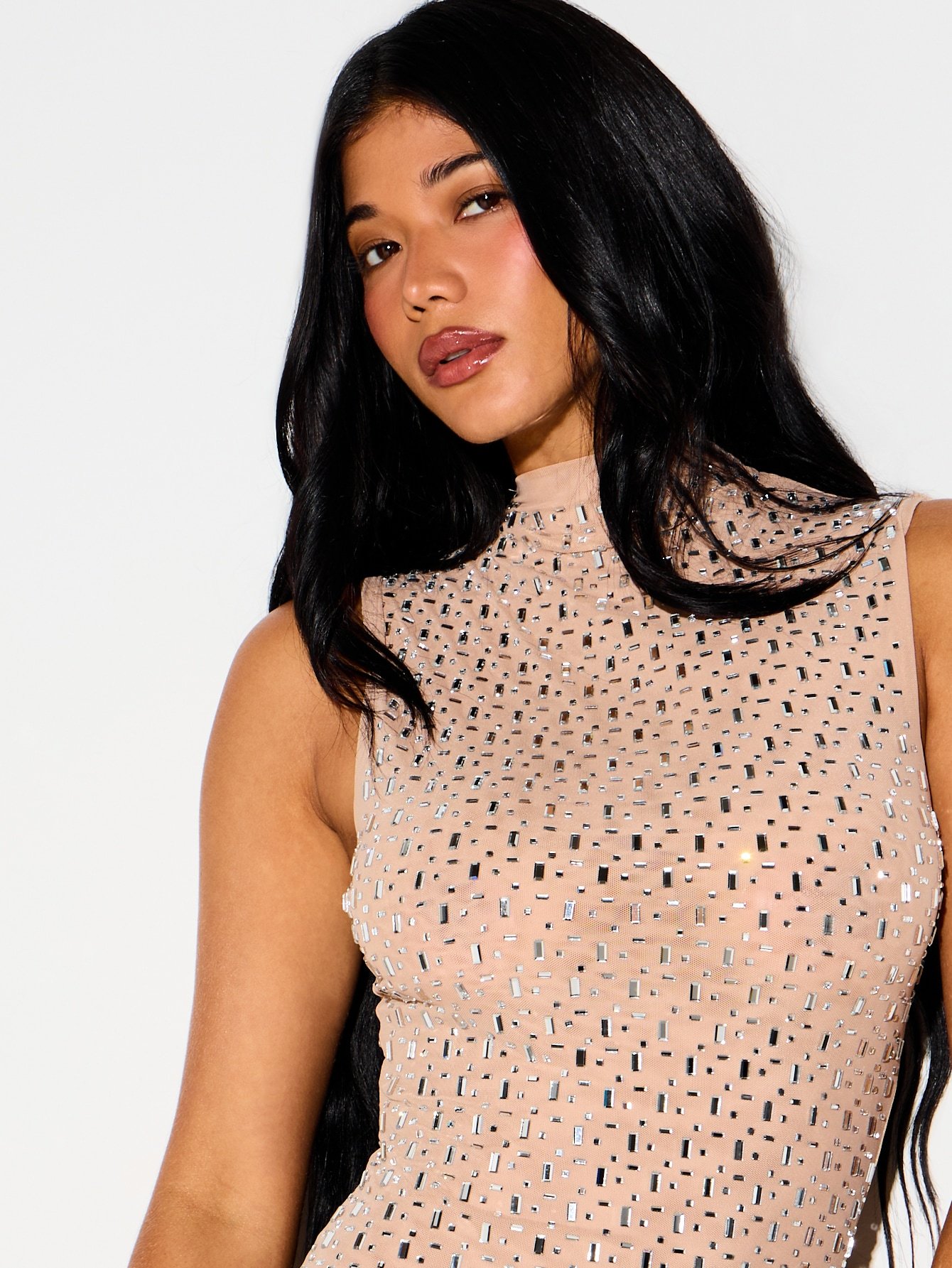High neck bodycon mesh mini dress with rhinestones