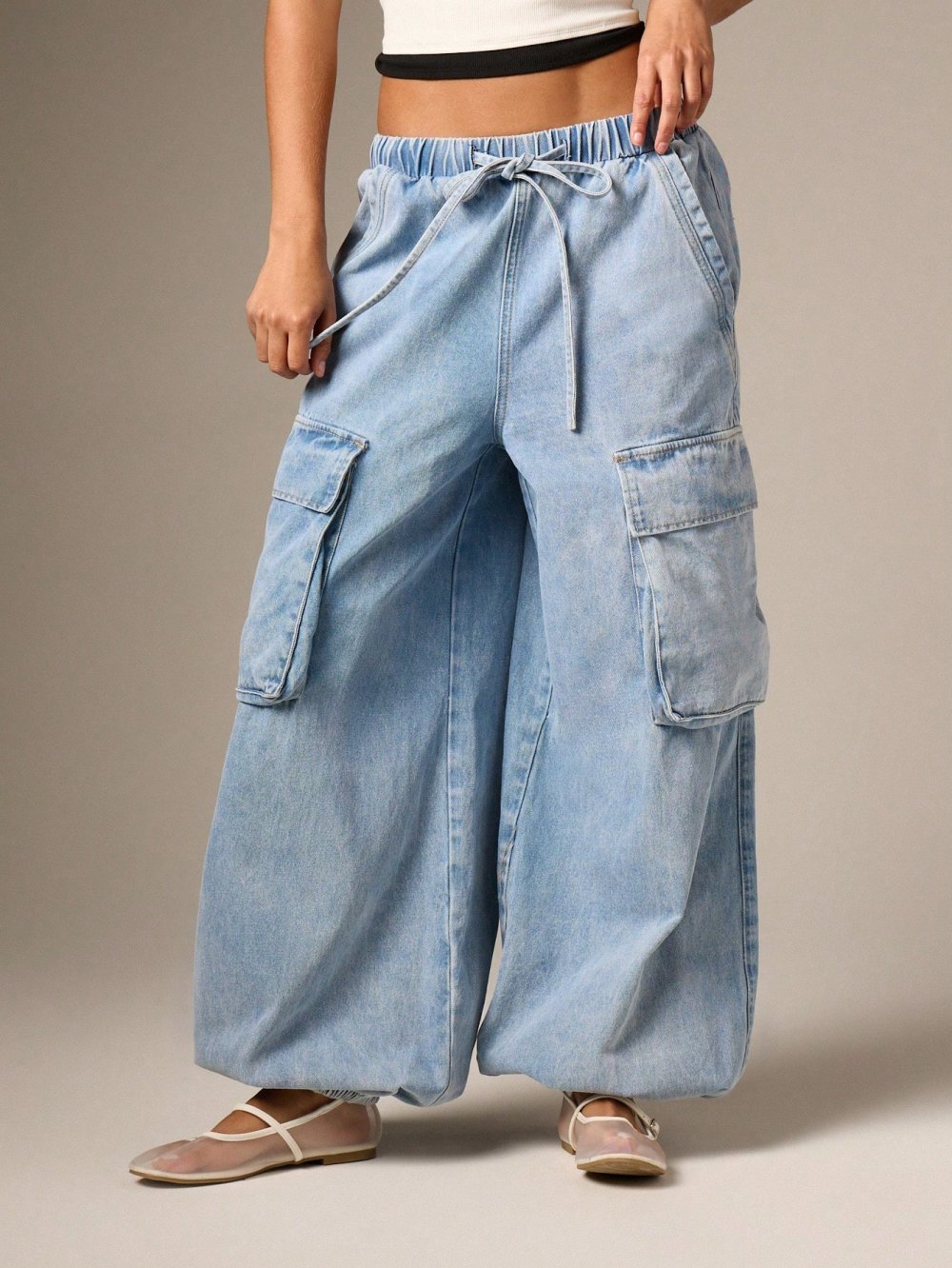 Mid blue cargo jeans with elasticated waist