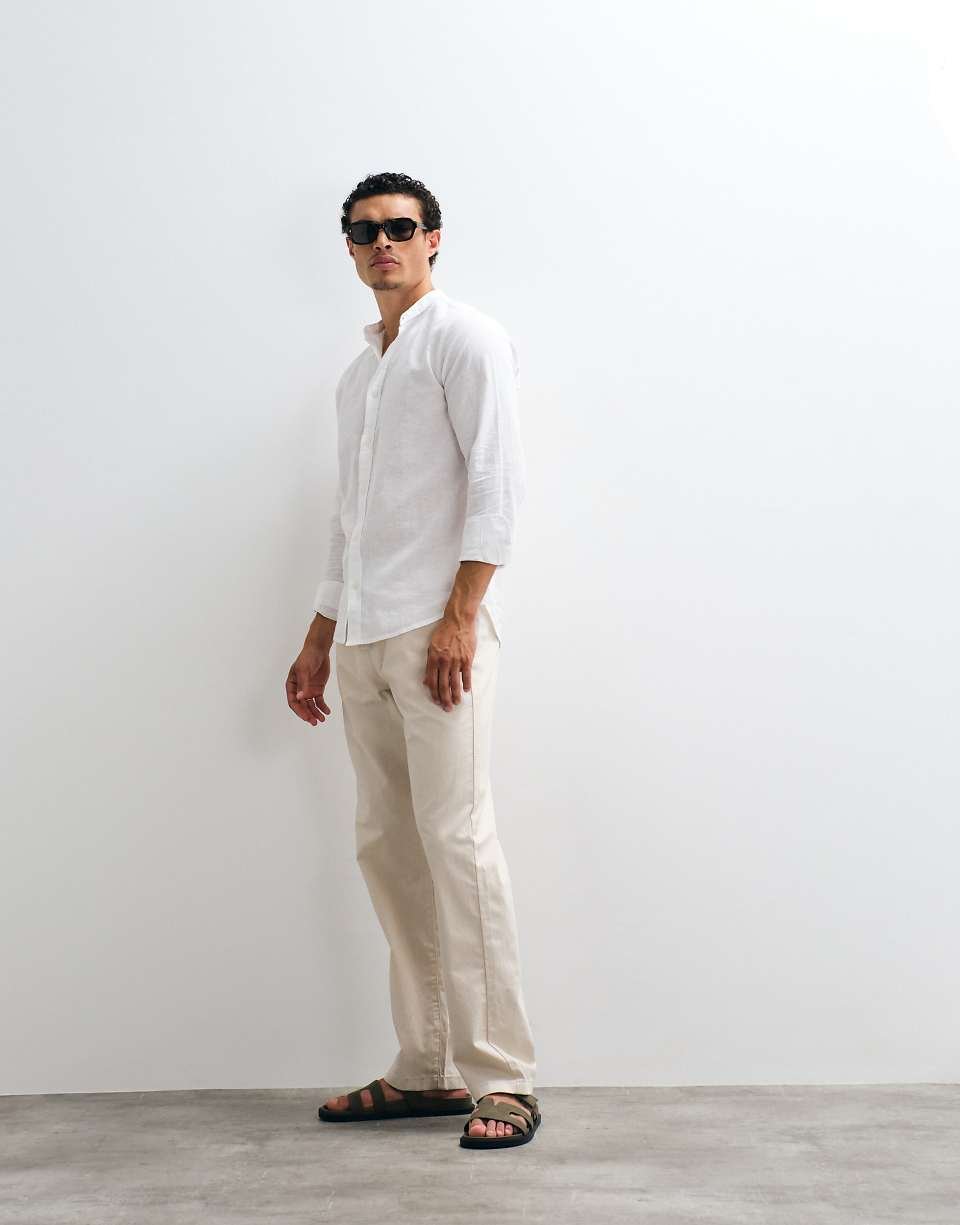Chemise à col grand-père en lin mélangé - Blanc