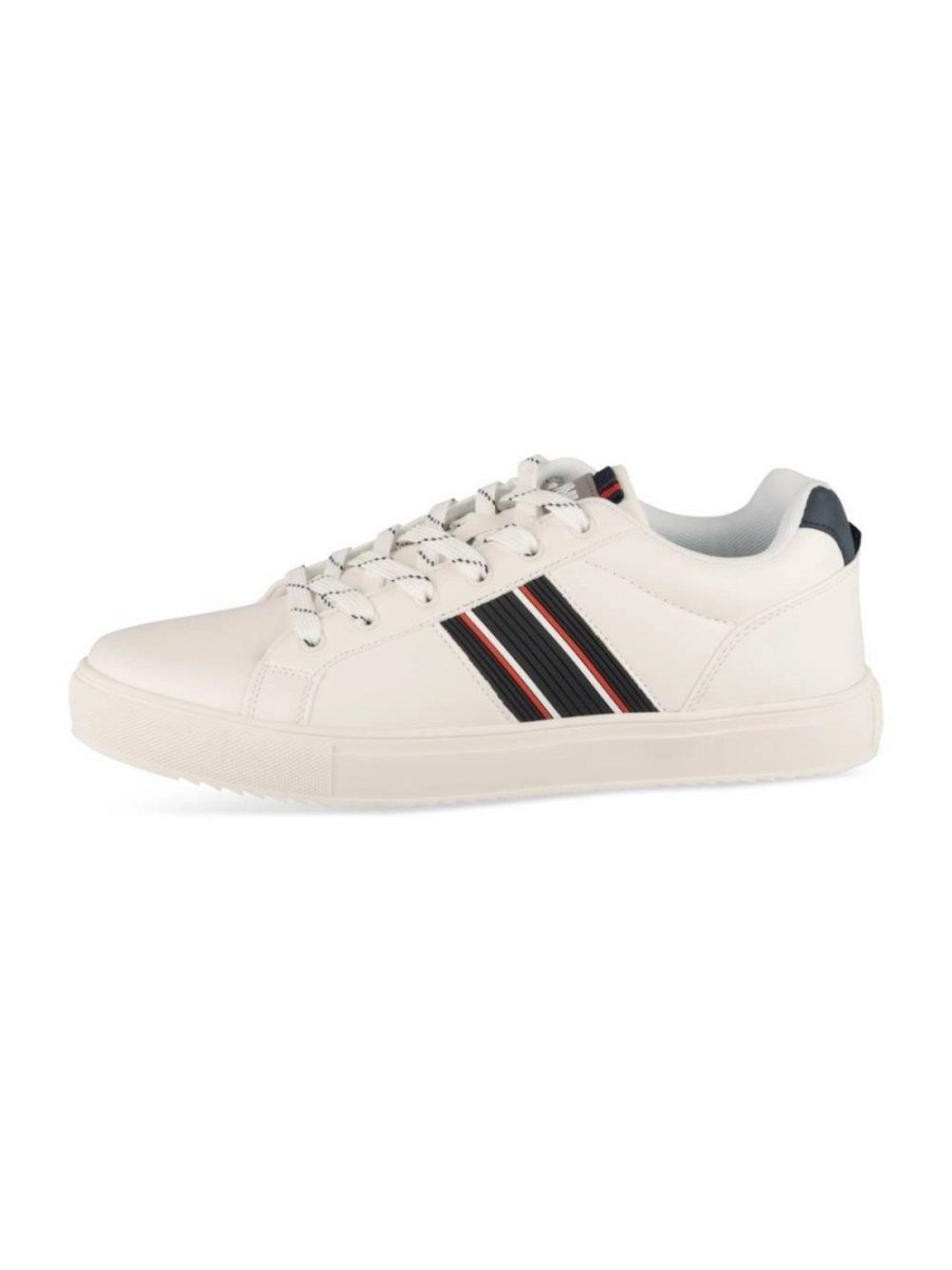 White and navy sneakers with striped panels